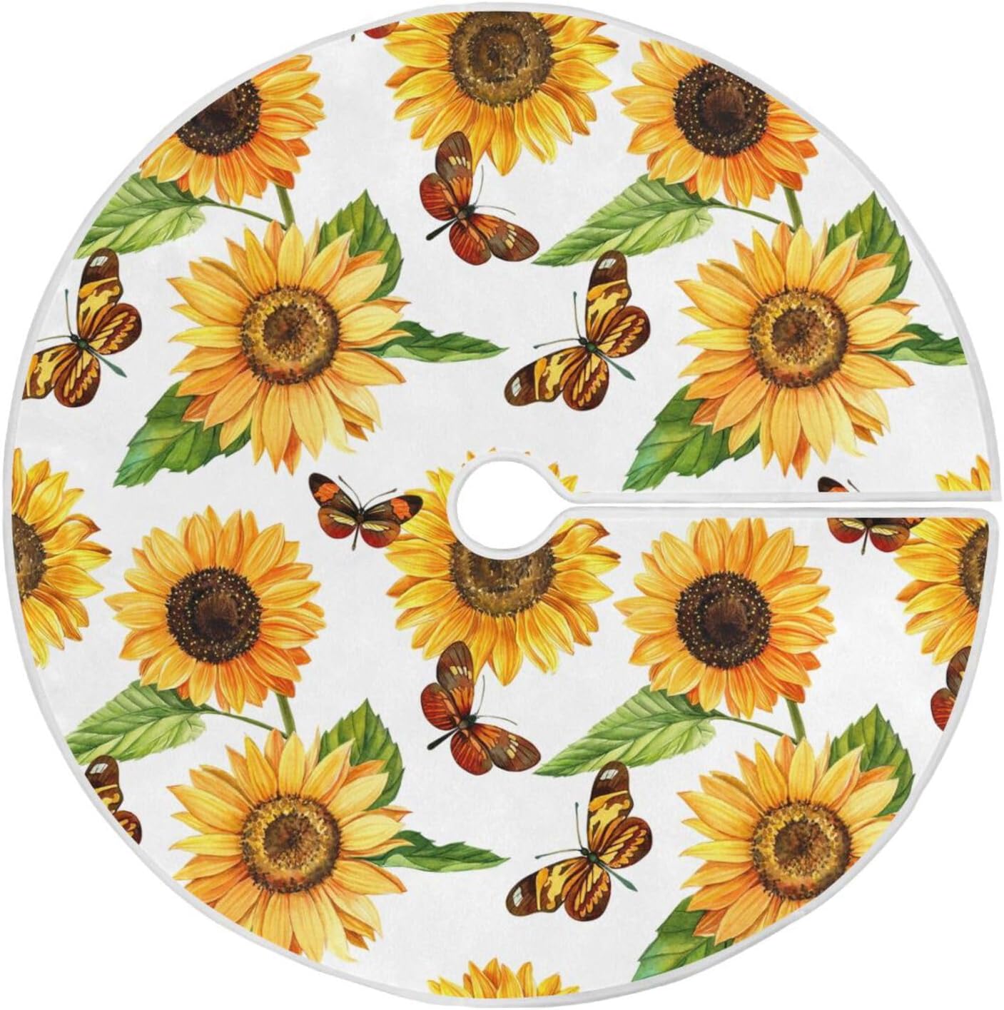 Moudou Sunflower Butterfly Christmas Tree Skirt, Soft Washable Xmas Tree Skirt with 3 Fixed Straps for Home Office Holiday Party Decoration, 36 Inch