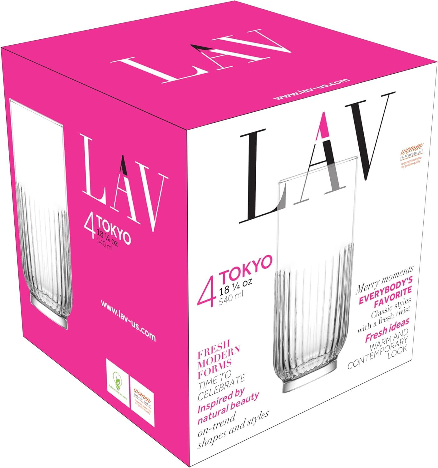 LAV Tokyo Durable 18.3 fl oz Beverage Glasses, Tall Cocktail, Highball Glass with Thin Rim for Bar, Restaurant, Home - Pack of 4