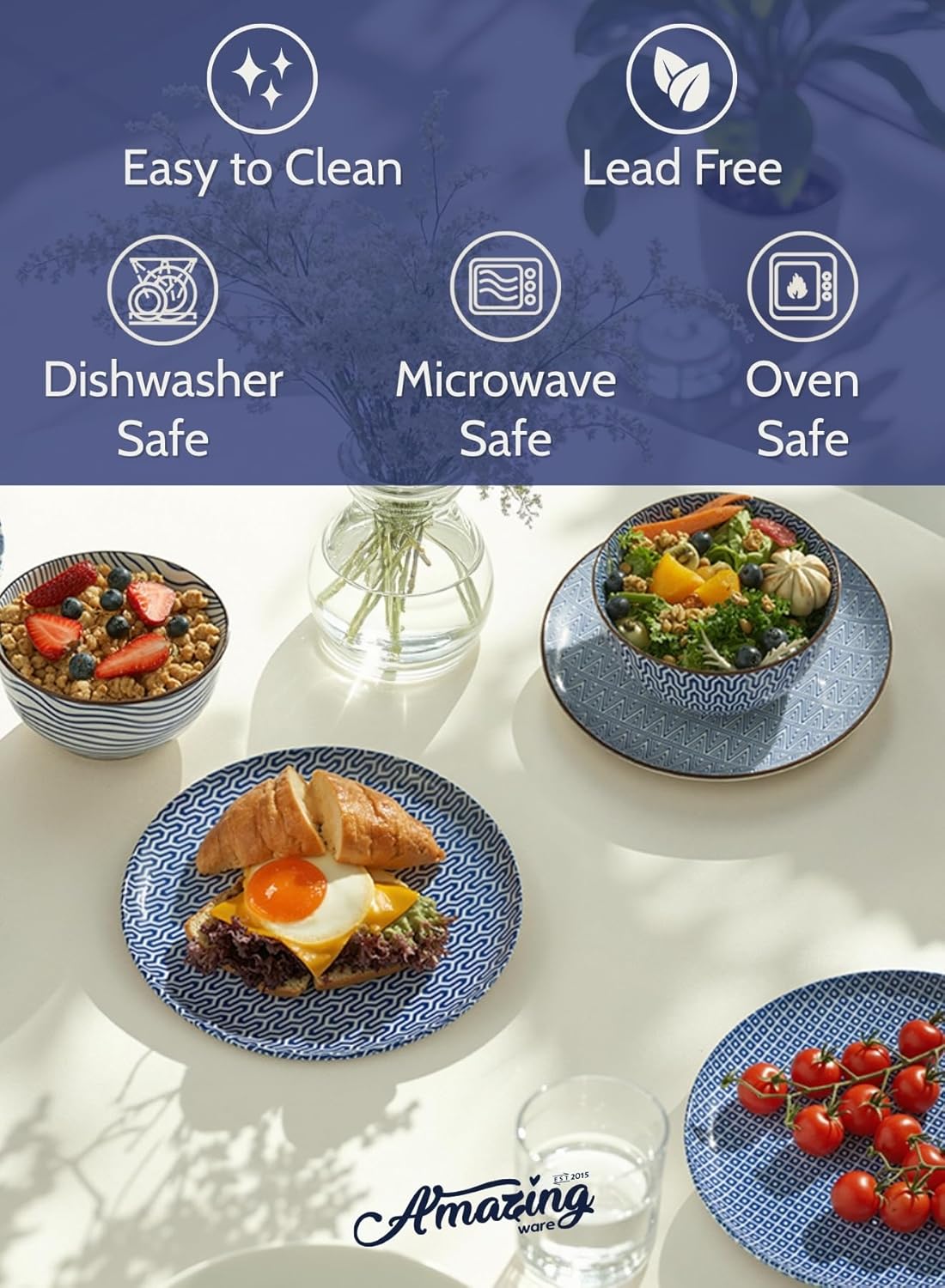 Amazingware Porcelain Dessert Plates Appetizer Plates, Salad Plates, Small Plates - Dishwasher, Microwave, Oven Safe (Vintage Blue, 8 Inch)
