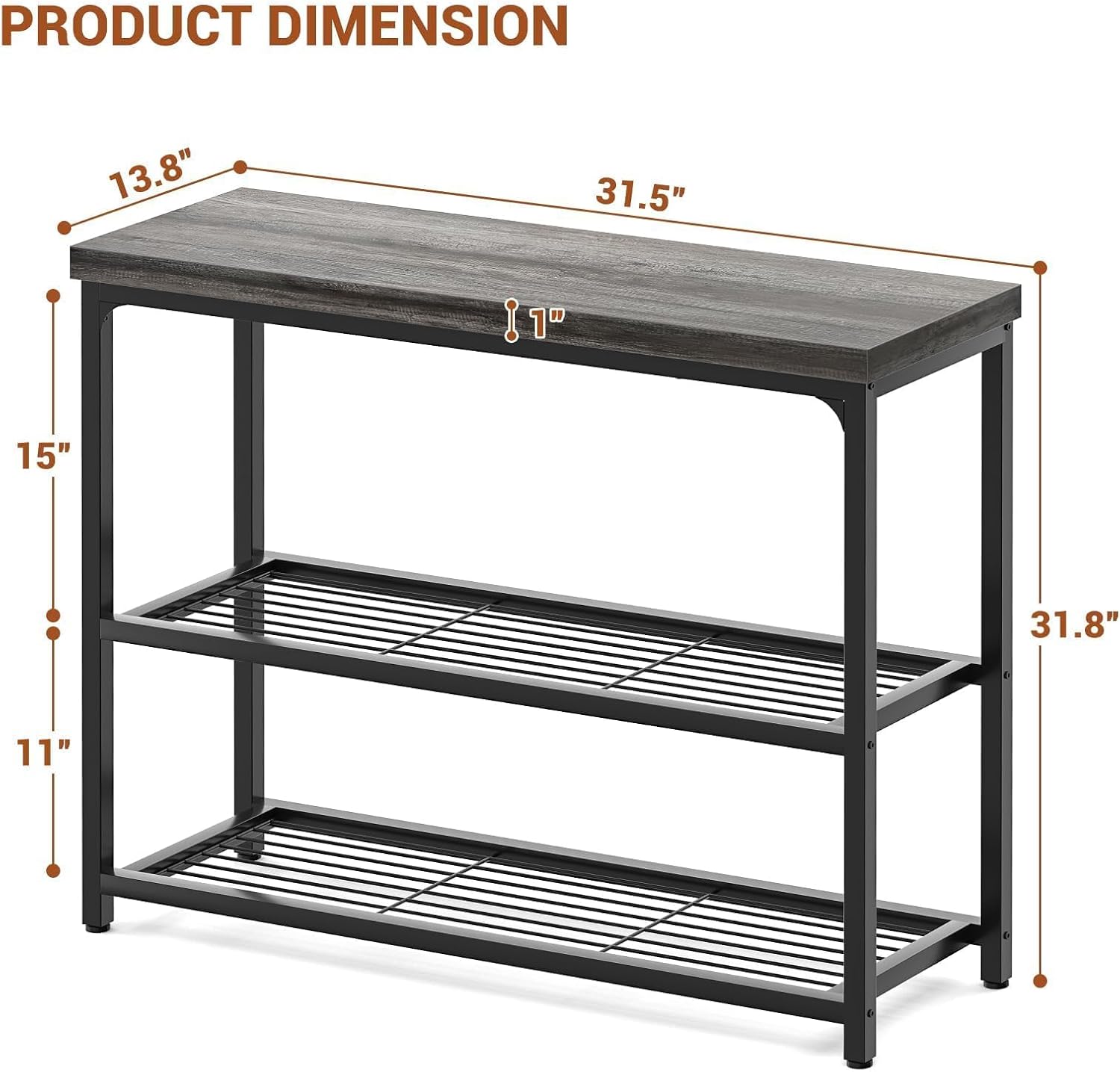 Besiost 32" Small Console Table with 3-Tier Storage, Industrial Narrow Entryway Table, Sofa Table Behind Couch for Hallway, Foyer & Living Room, Sturdy Metal Frame, Oak Grey