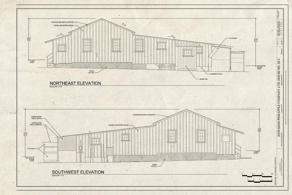 Historic PictoricBlueprint Northeast and Southwest Elevations - Hawaiian Pineapple Company (HAPCO) Ltd. House No. 26-3, 615 Lanai Avenue, Lanai City, Maui County, HI 24in x 16in