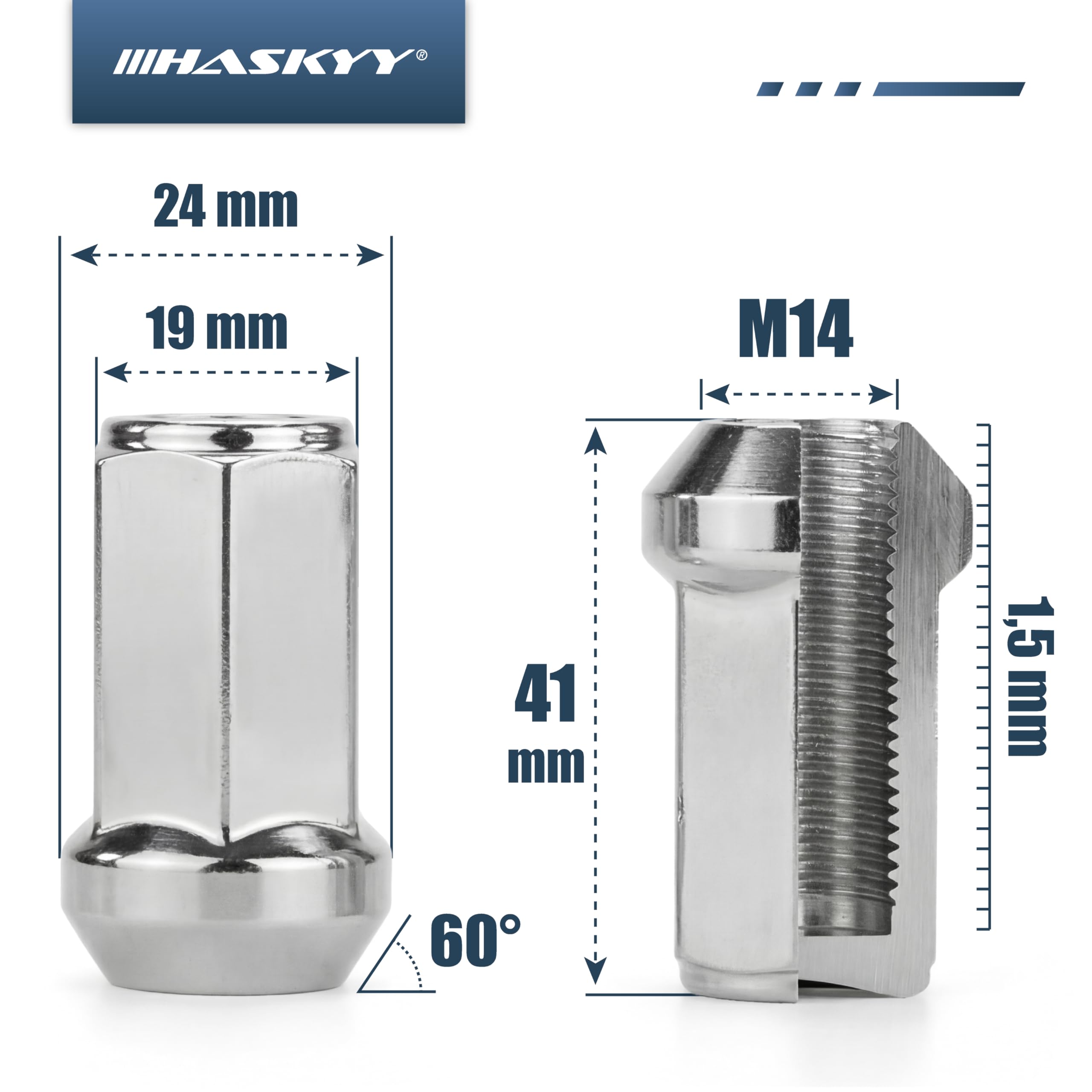 HASKYY 24 dadi per ruota M14 x 1,5 x 41 mm, attacco conico a 60° SW19 (larghezza chiave), dadi cromati a 6 fori, compatibili con Dodge RAM a partire dal 2019