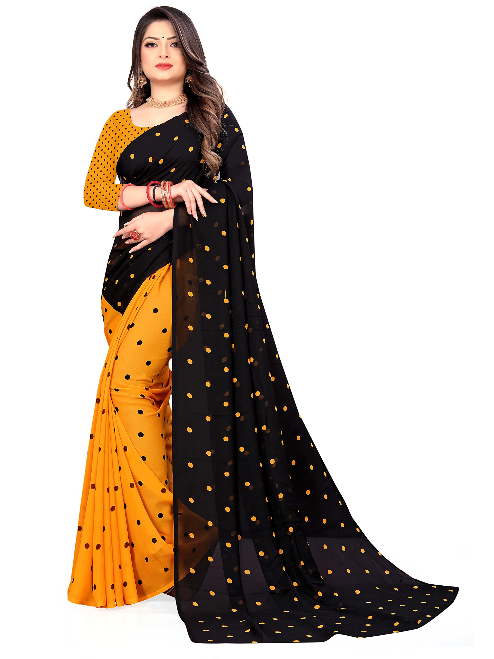 Polka Print Georgette Saree (Yellow, Black)-image-31