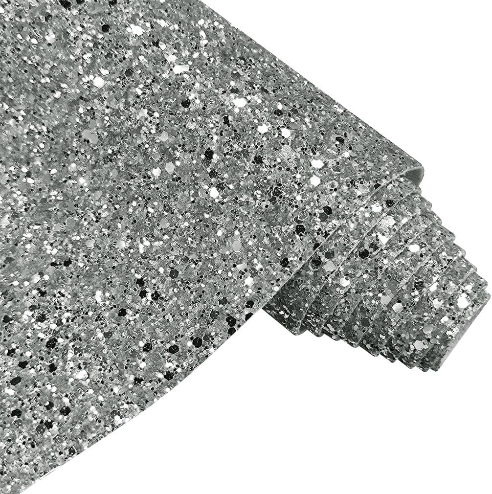 Solid Color Chunky Glitter Faux Leather Roll 12 x 53 Inch Sparkle Synthetic Sewing Fabric for Hair Bows Jewlery Making DIY Accessories (White)