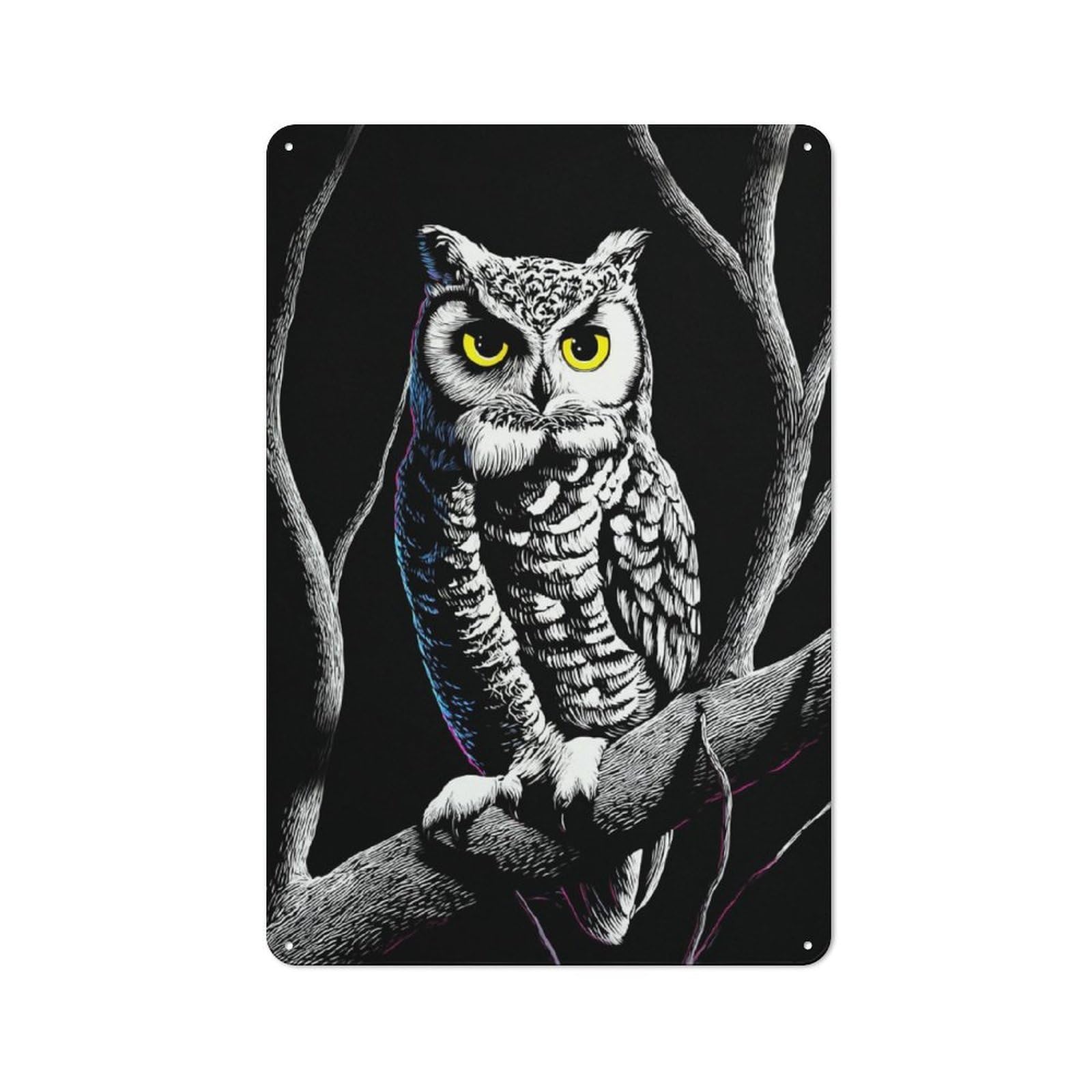 Junmoney Owl Perched On Branch 30X20cm Rustic Tin Sign With For Living Room Or Hallway, For Vintage Wall Decor Fans, For Themed Room Decoration