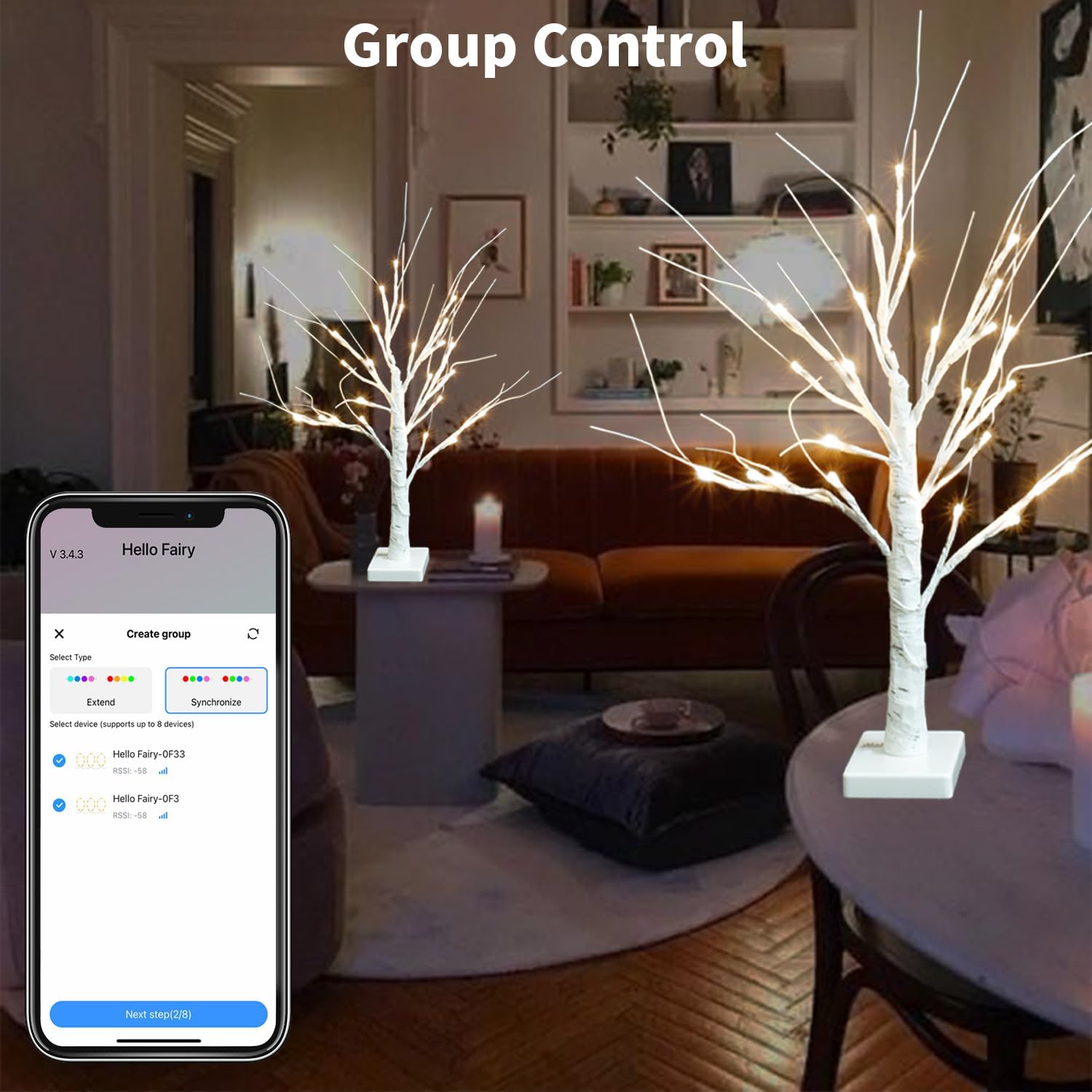 2FT Smart Birch Tree with LED Lights, Bluetooth App Controlled, 18 Modes, Dimmable, Timer, Music Sync, Warm White LED for Indoor Christmas Tabletop Centerpiece, Wedding & Valentine’s Day Decor, 2 Pack
