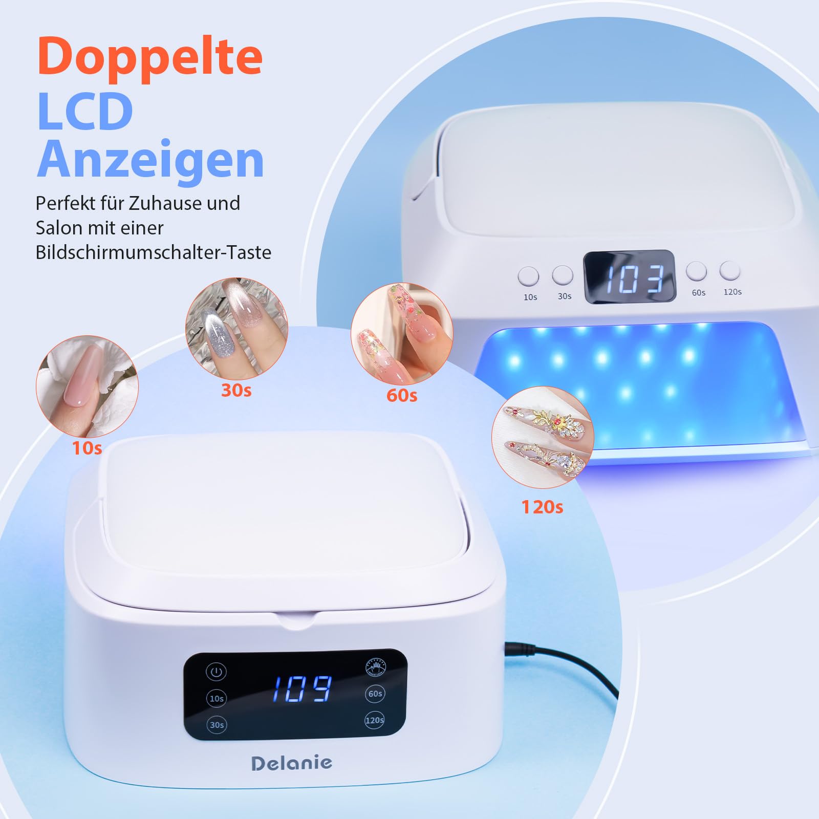Delanie LED UV Lampe für Gelnägel mit 71 Lampenperlen & Doppelten Anzeigen, Professioneller LED Nagellampe Nageltrockner mit 4 Timer-Einstellungen & Auto Sensor, UV Nagellampe für Gelnägel & Nagellack