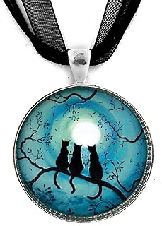 Laura Milnor Iverson Three Black Cats Silhouette Pendant Teal Moon Zen Tree Branch Necklace Handmade Jewelry Art