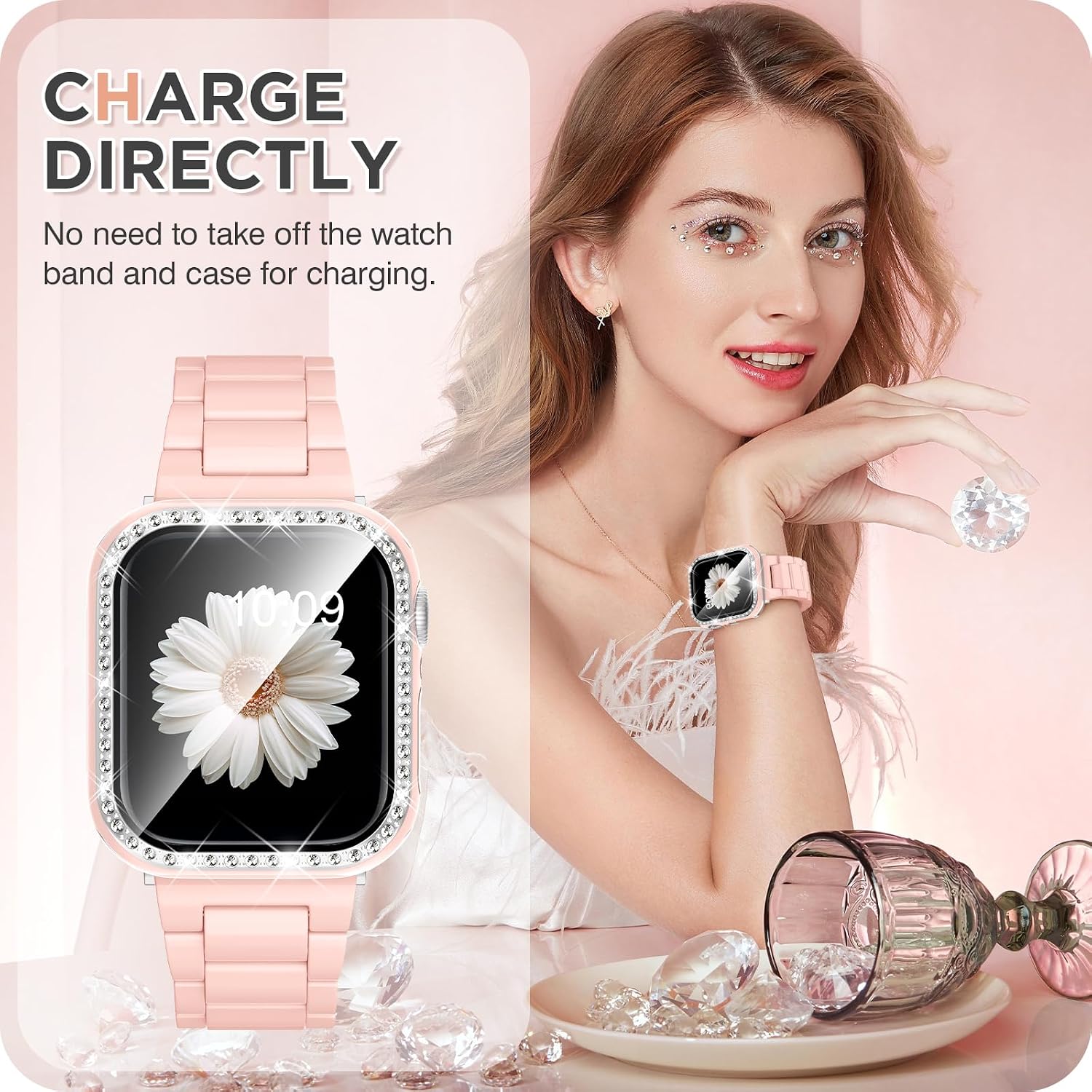 DABAOZA Resin Band Compatible with Apple Watch 49/46/45/44/42mm,41/40/38mm for Women, Fashion Strap Lightweight Bracelet Wristband with Glitter Bling Cover for iWatch SE Series 10 9 8 7 6 5 4 3 2 1