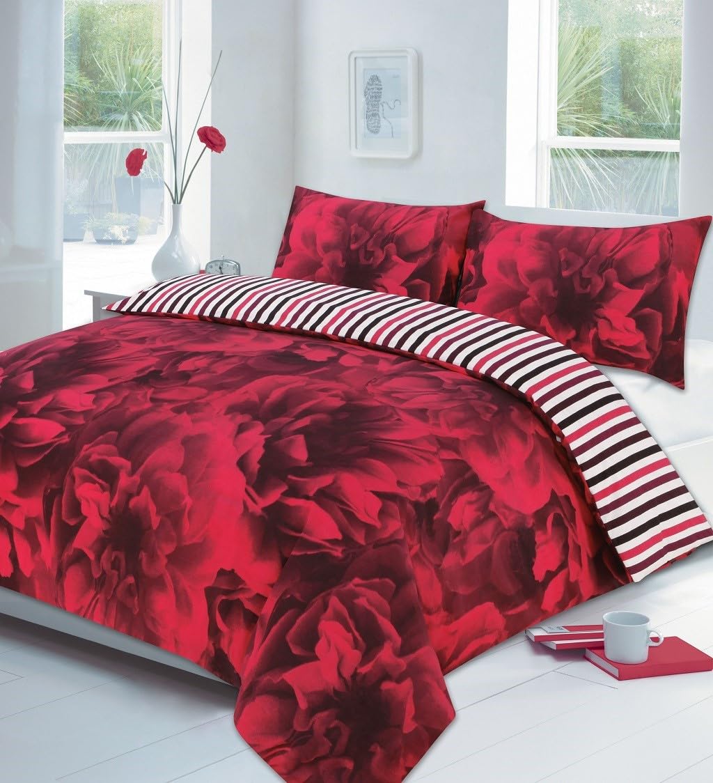 AMBERLINNEN LTD Rose Lilac Duvet Cover Set With Pillow Cases King Size Double Super Single Printed Bedding (King: 218 x 227cm, Red)