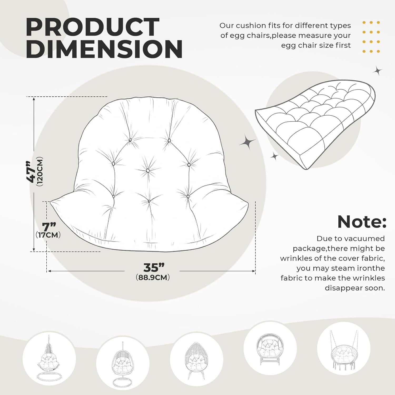 DANGHOOGY Egg Chair Cushion, Waterproof Outdoor Egg Replacement Cushions, Patio Chair Cushions for Outdoor Funiture, Thickened Hanging Chair Cushion, 35x47x7 Inches (Black)