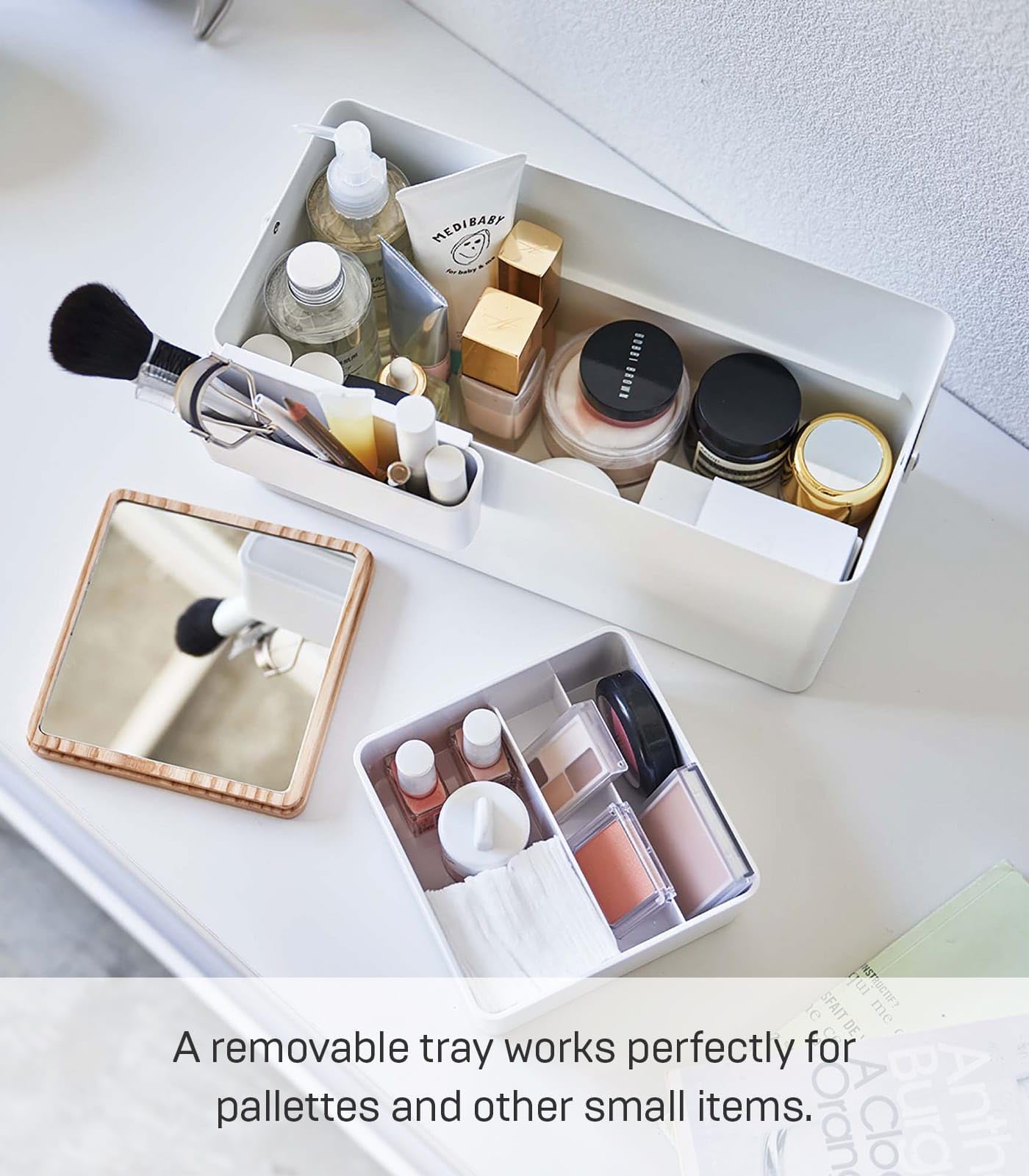 YAMAZAKI 5453 TOWER Makeup Box, white, Steel/Wood/Mirror/ABS Resin, 31 x 15 x 15.7 cm