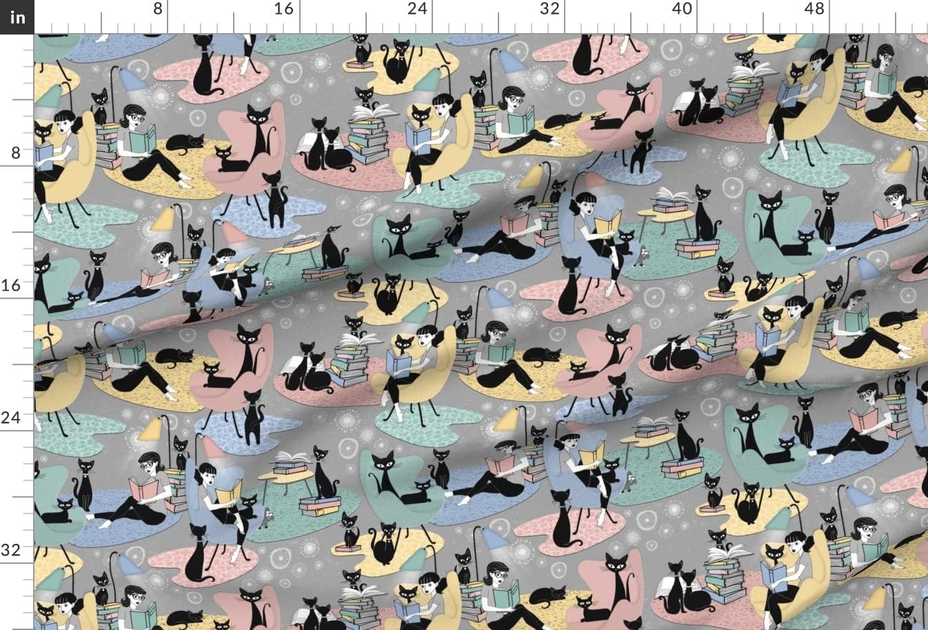 Spoonflower Fabric - Time Retro Cats Reading Books Hygge Printed on Minky Fabric by The Yard - Sewing Baby Blankets Quilt Backing Plush