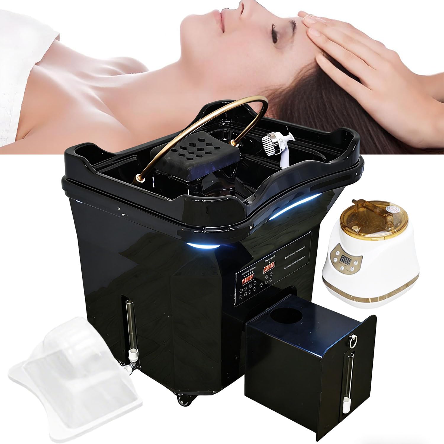 Head Spa Waschbecken, Haarwaschbecken mit 60L Wassertank + 20L Abwassertank, Mobiles Waschbecken, Friseurwaschbecken, inklusive Dampfbegaser, für Kopf Head Spa und Friseursalons, Schwarz