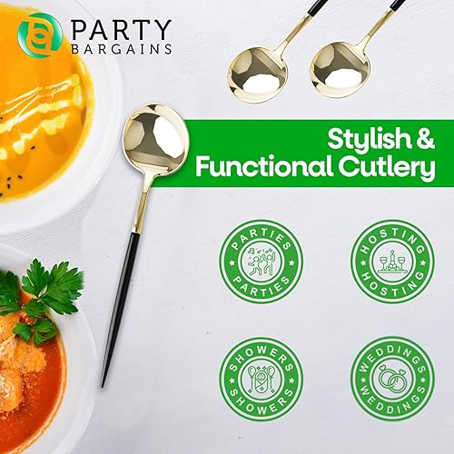 Miniatura 3 de Party Bargains Cuchara de sopa desechable de plástico, 64 unidades, negrodorado, cubiertos de cocina de diseño moderno novedoso para cenas