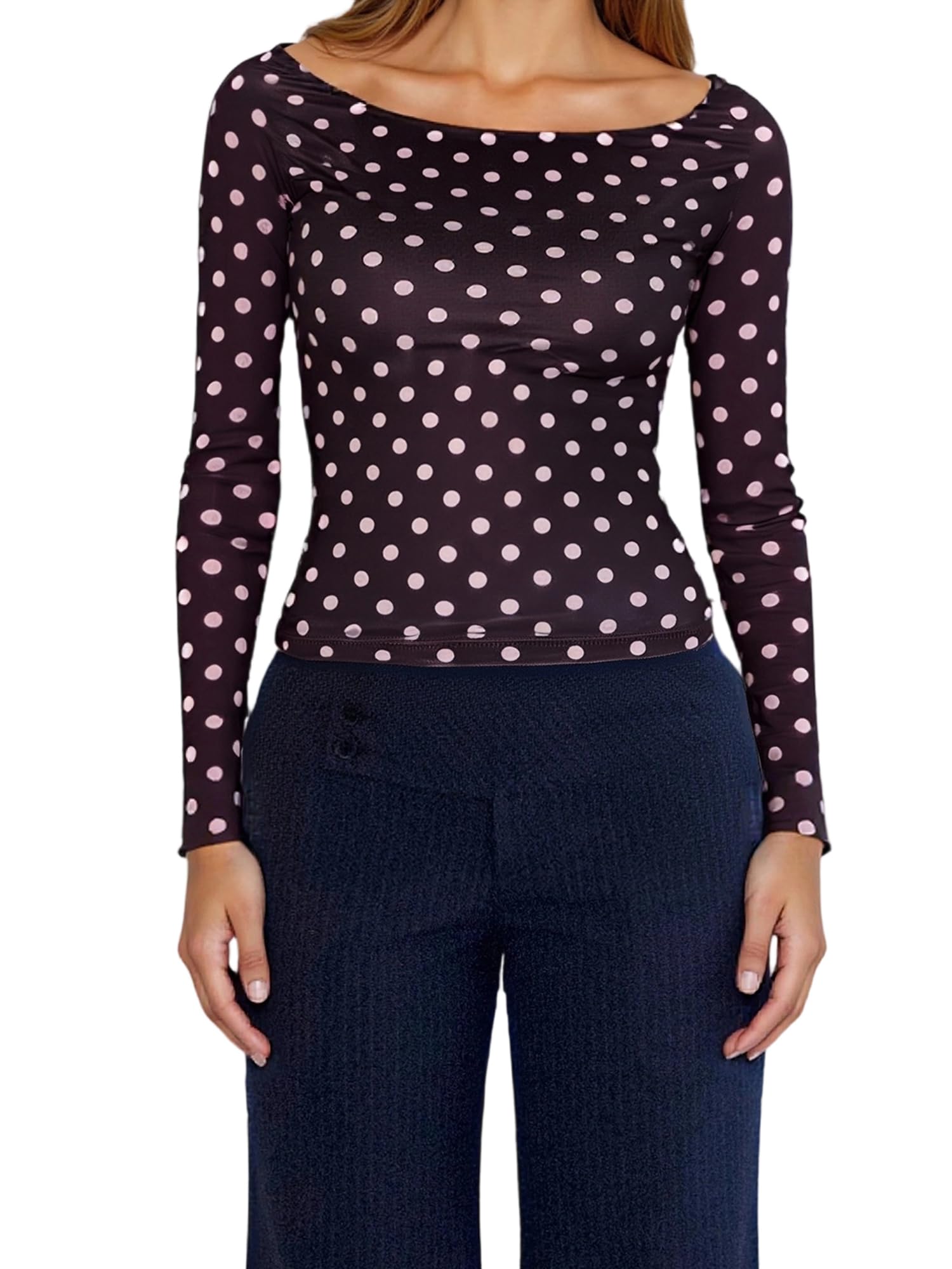 Women's Trendy Polka Dot Top Stretchy Slim Fit Basic Long Sleeve T Shirt Casual Going Out Crop Tops Streetwear (B-Dark Brown, M)
