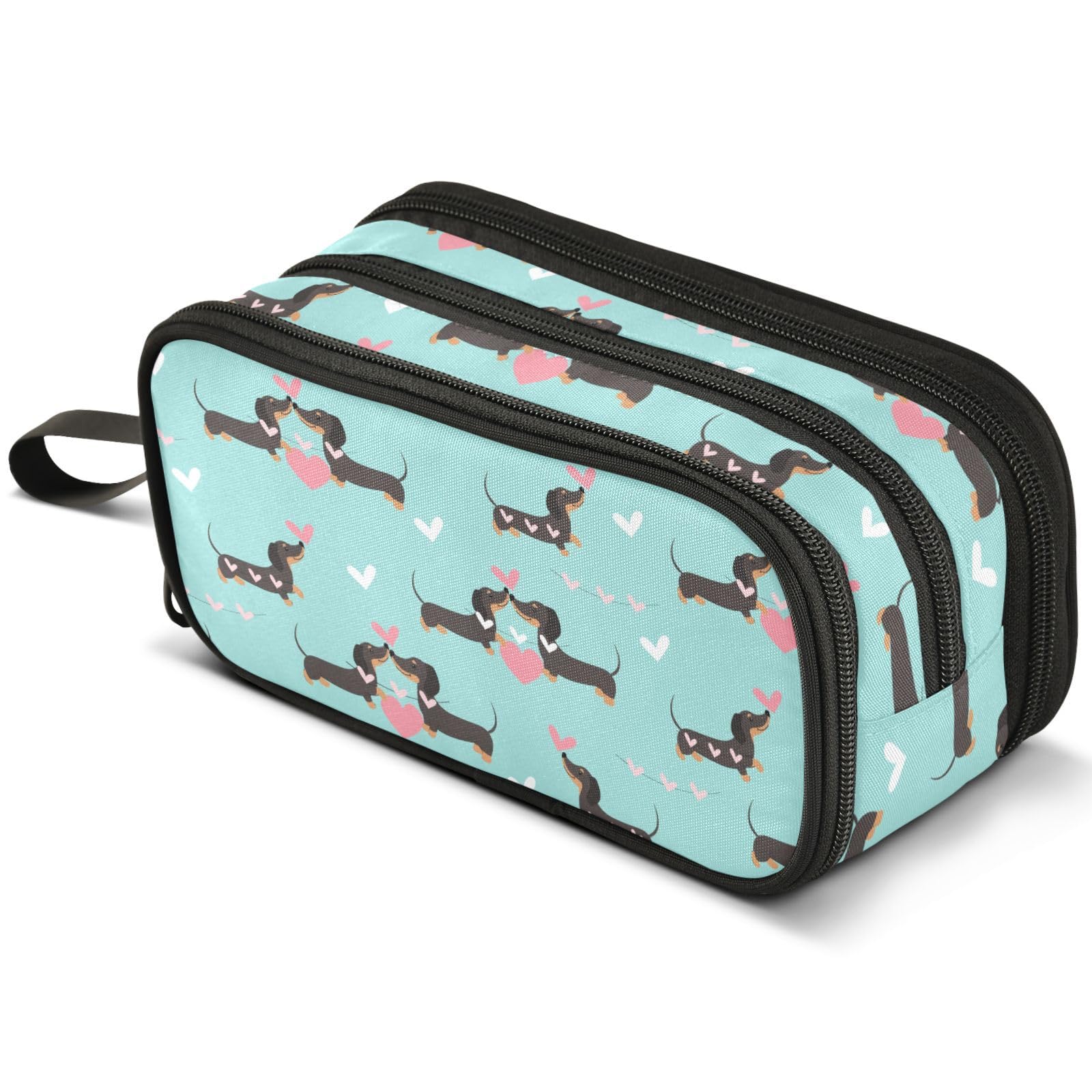 Mnsruu Dachshund Dogs Hearts Blue Pencil Case Large Capacity Pen Pouch Pencil Bag with 3 Compartments Pen Holder Organizer Stationery Bag