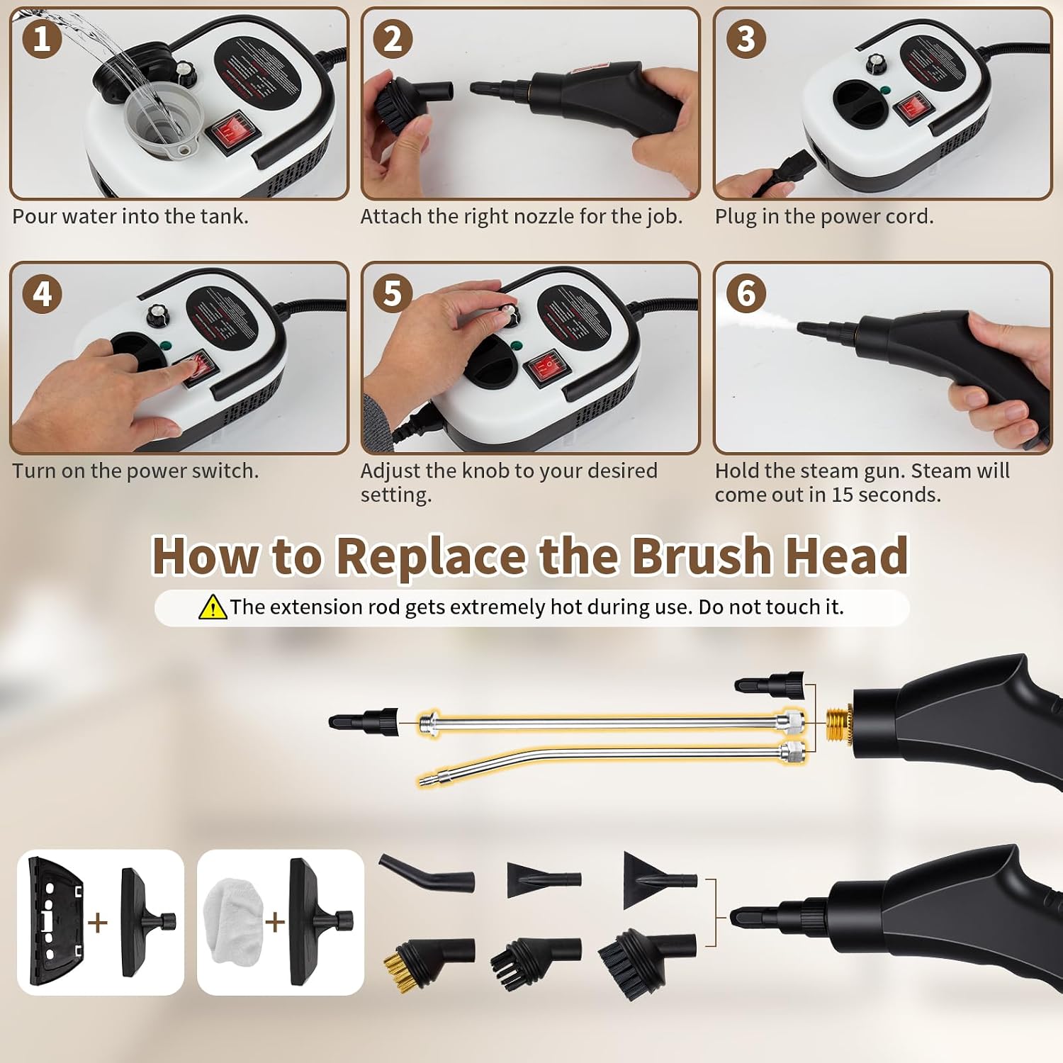 Steam Cleaner Handheld High Pressure, Portable High Power Steam Cleaner, Handheld Steam Cleaner Cleaning Grout With Large Water Tank & 18 Accessories For Car Floor Black