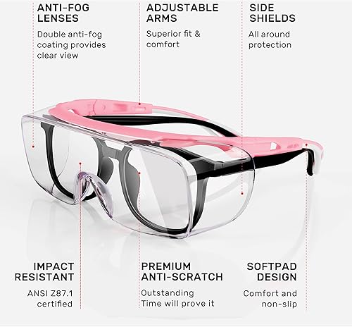 Miniatura 8 de MORK&SUKY Gafas de seguridad que se ajustan a los anteojos recetados, certificado ANSI Z87, protección ocular antivaho para hombres y mujeres.