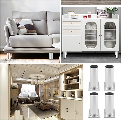 Miniatura 7 de Juego de 4 patas para muebles de 4 pulgadas, patas ajustables de aleación de aluminio, patas redondas de metal para sofá, patas ajustables para