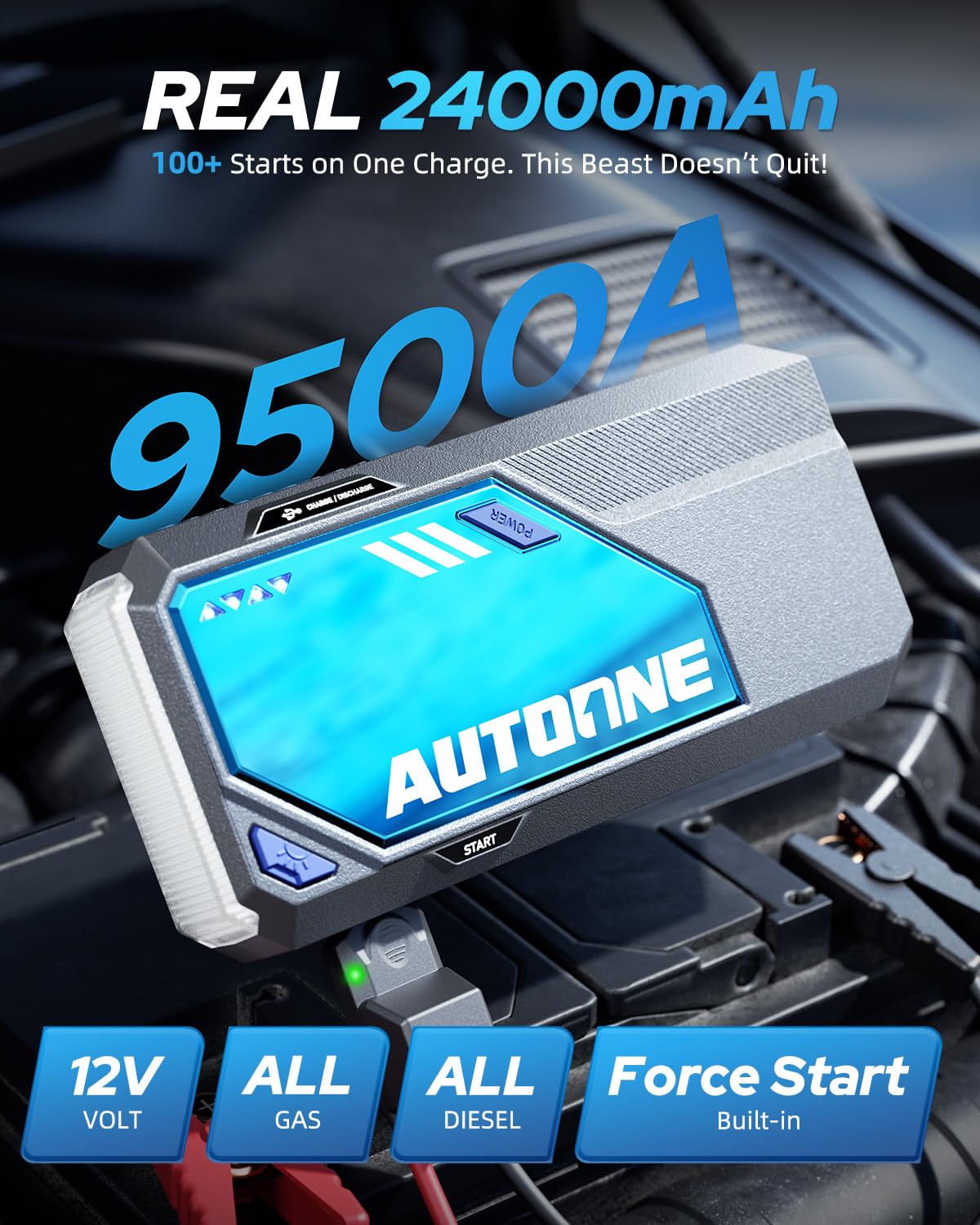 AUTOONE 9500A Car Jump Starter 12V Car Battery Jumper Starter Portable (All Gas/All Diesel) 168W DC Jump Box for Car Battery with Built-in Booster, Type-C Fast Charge & Jumper Cables Jump Pack