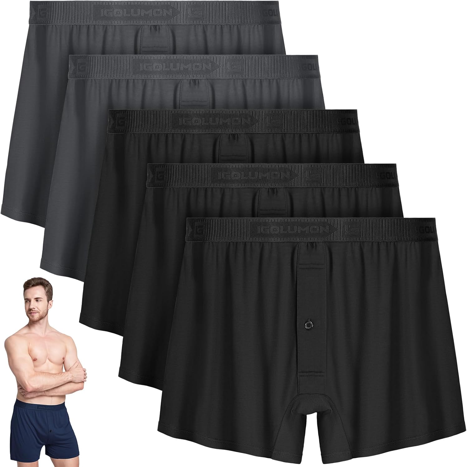 IGOLUMON Mens Underwear Boxer Shorts 5 Pack Bamboo Rayon Boxers for Men Classic Relaxed Fit Boxer Shorts with Button Fly