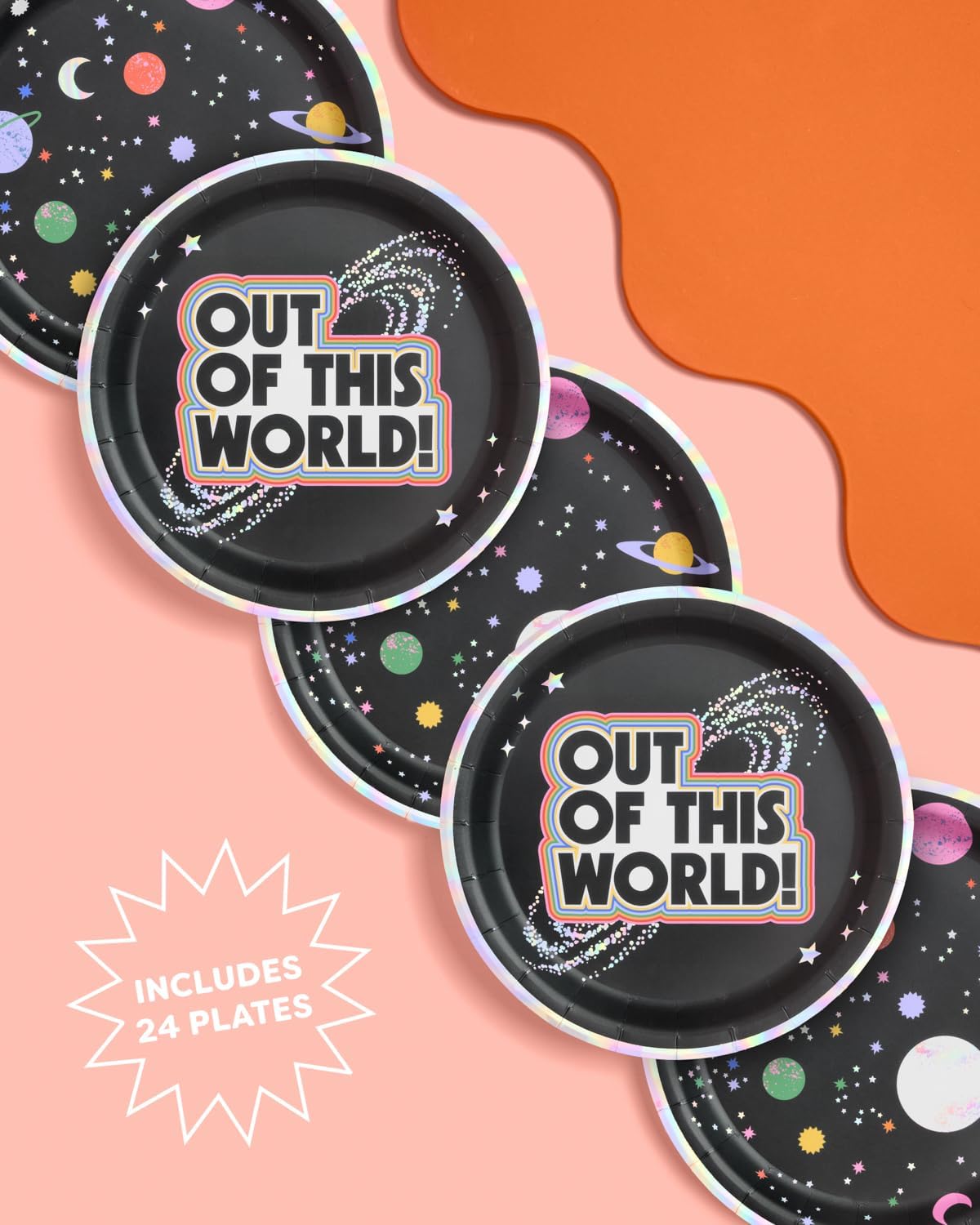 xo, Fetti Space Out Of This World Paper Plates, Iridescent Foil | 24 pcs 9" | Kids Decorations, Outer Space Party Setting, Birthday Decor, Alien Planet Tablescape, Galaxy Table Decor