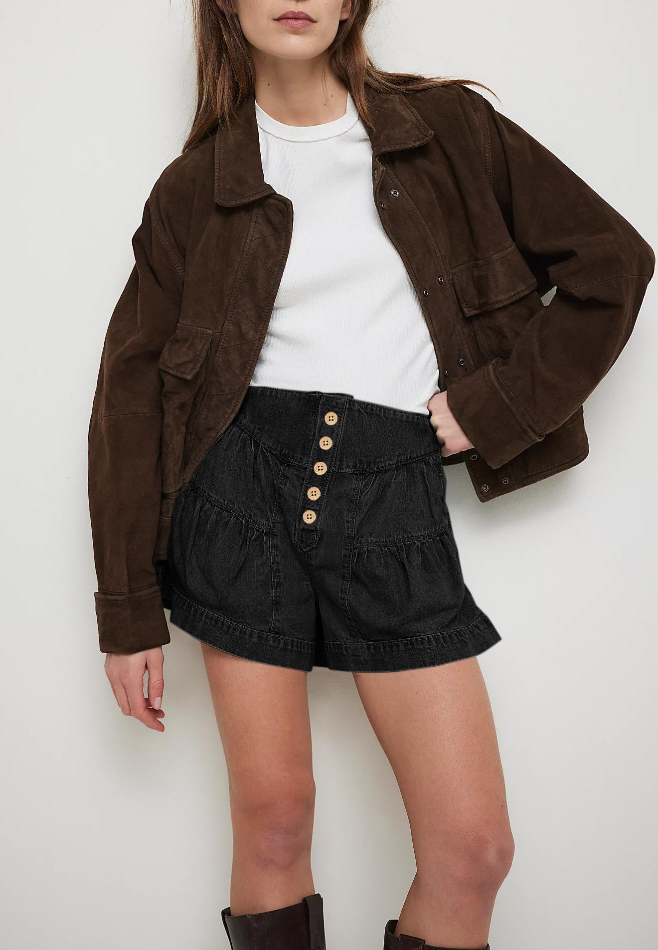 Cicy Bell Pantaloncini estivi da donna in jeans fluidi con bottoni a vita alta a gamba larga con tasche