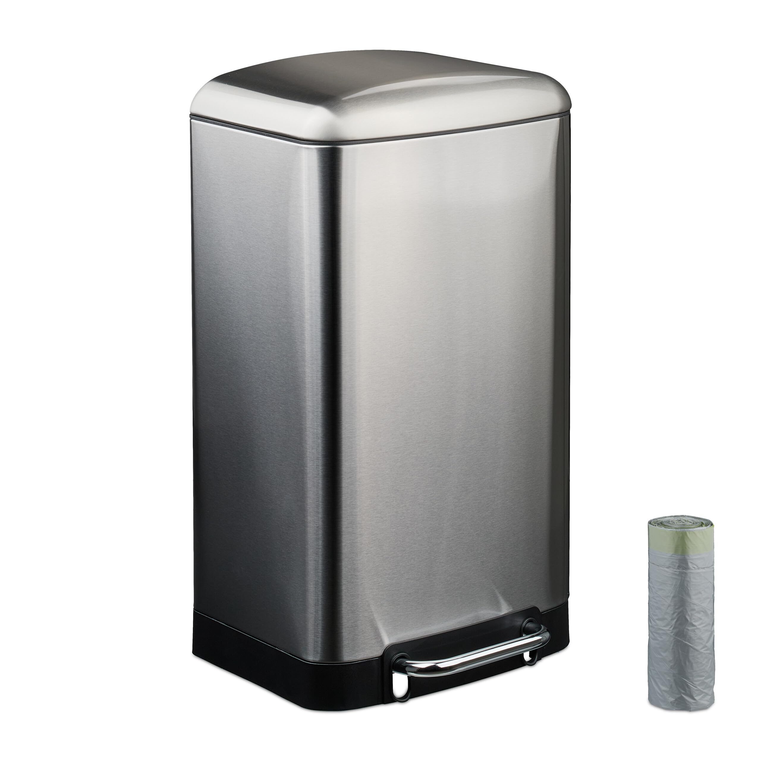 Relaxdays Mülleimer Küche, 30 L, Fingerabdruckschutz, entnehmbarer Inneneimer, Müllbeutel, Edelstahl Treteimer, silber