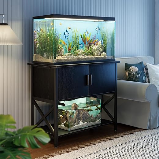 APPOLYN 40-50 Gallon Aquarium Stand, Fish Tank Stand with Cabinet Storage, Fish Tank Accessories Storage, Metal Turtle Reptile Tank Stand, 36.6" L*18.9" W Tabletop, Black
