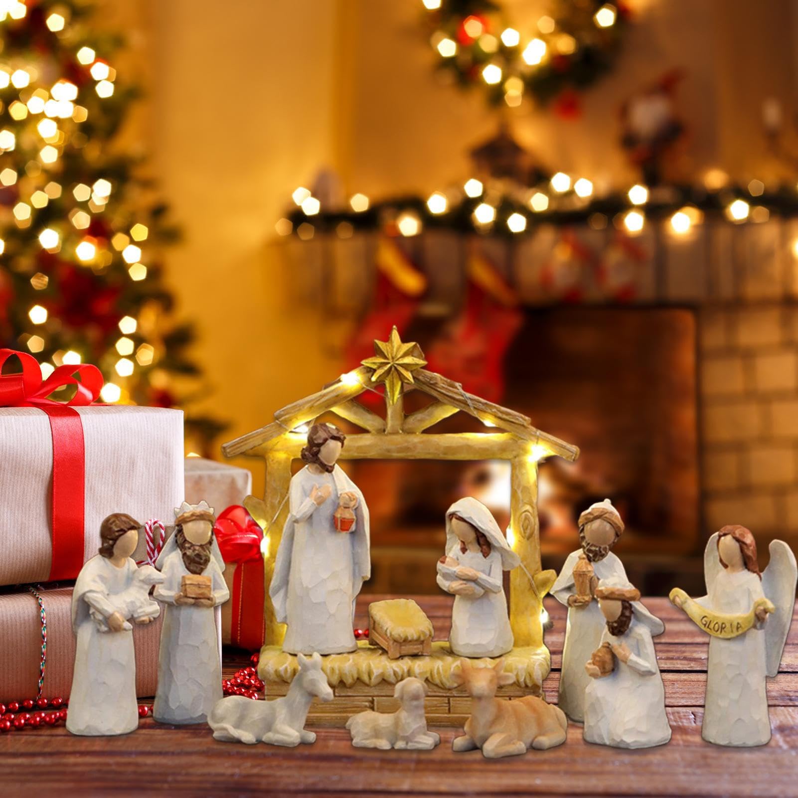 Crèche De Noël Complète - Statuette de Crèche en Résine pour Noël | Décoration Maison pour Bureau Cheminée Chambre Appartement,Décoration Étable De Maison École Anniversaire Action De Grâces