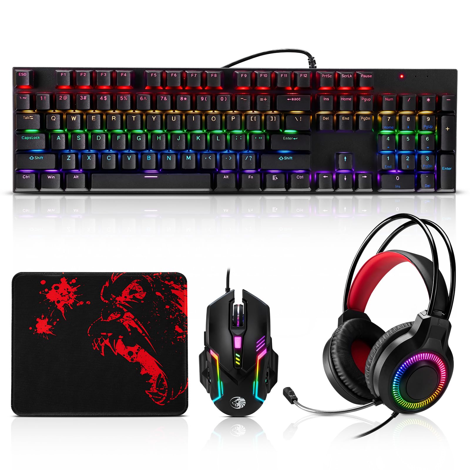 Teclado mecánico para juegos, mouse y alfombrilla de mouse y auriculares para juegos, paquete de retroiluminación LED RGB con cable para jugadores de PC y usuarios de Xbox y PS4, edición 4 en 1