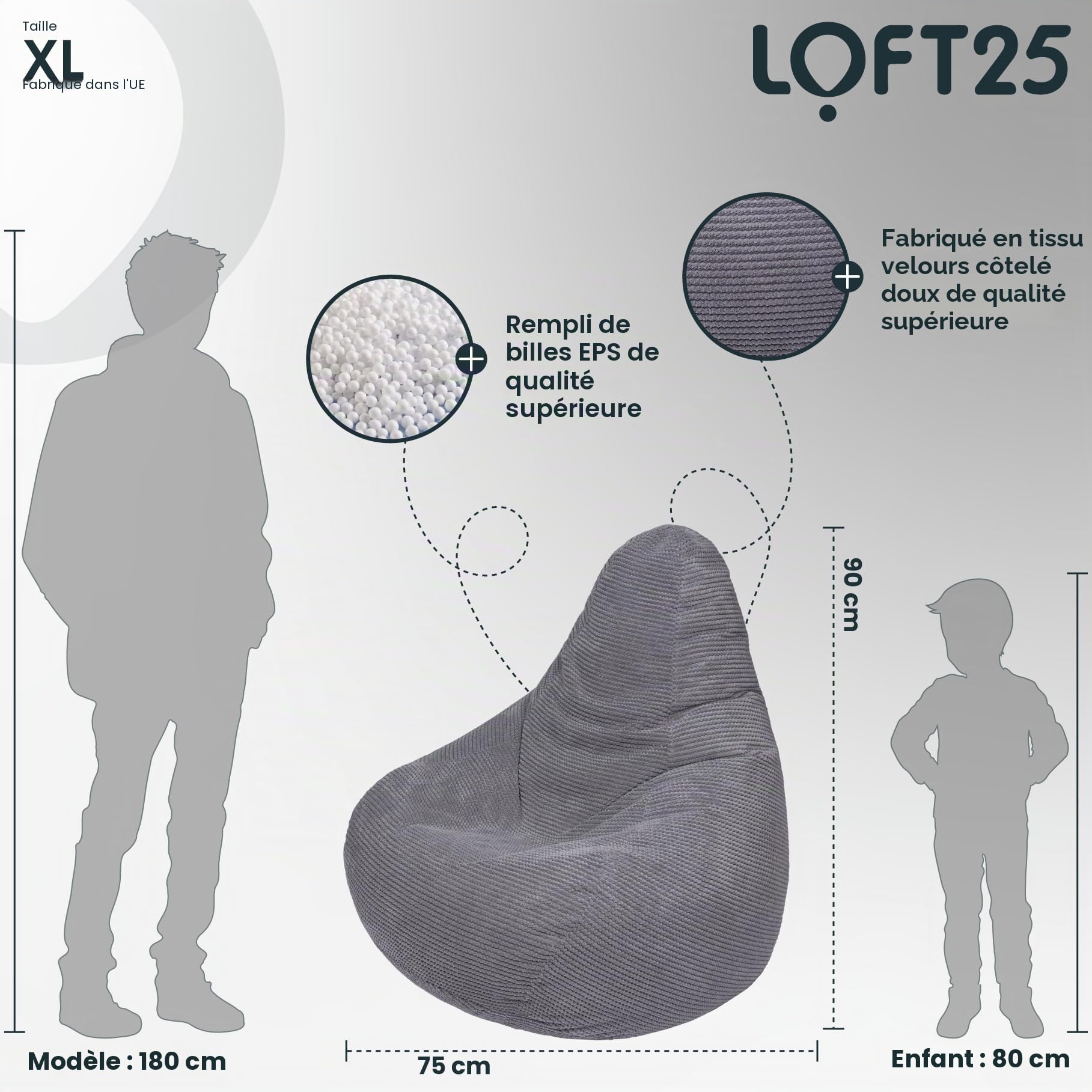 Loft 25 Pouf ergonomique d’intérieur en forme de poire à dossier haut pour adulte en tissu velours côtelé et doublure intérieure Gris anthracite