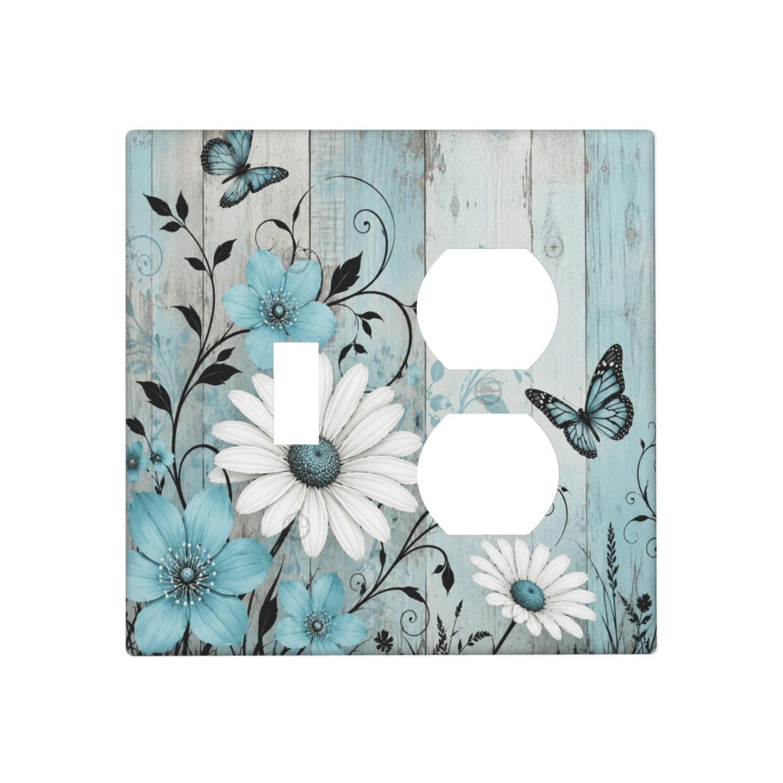 Dwbguo Decorative Outlet Covers Rustic Turquoise Daisy Butterfly 2 Gang Wall Plate Single Toggle Duplex Combo Vintage Wood Grain Floral Light Switch Covers Switch Plate Cover for Bedroom Home Decor