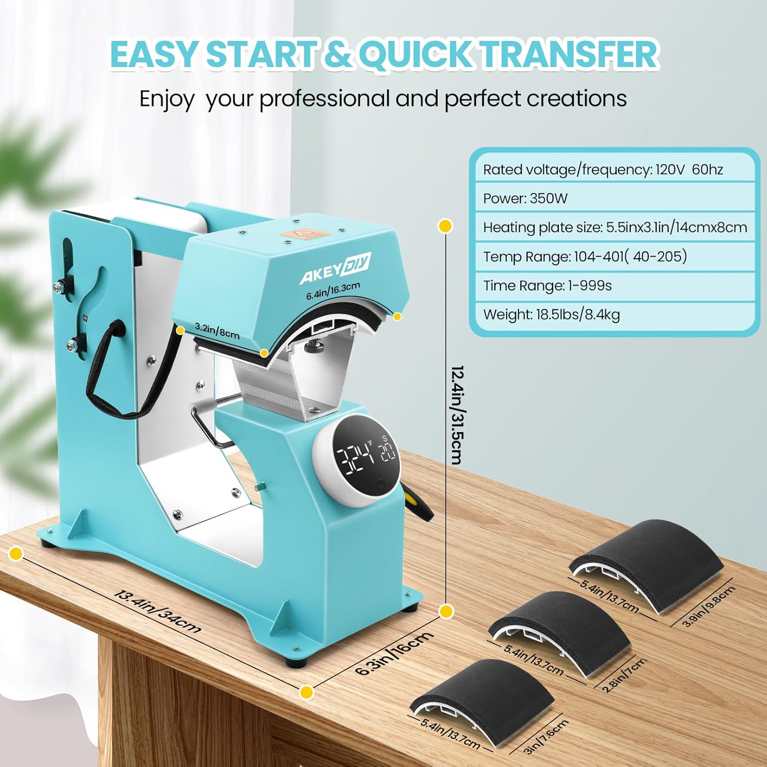 AKEYDIY 3-in-1 Auto Cap Heat Press Machine, Hat Heat Press with 3pcs Replaceable Heating Pads, Automatic Release&Press Knob-Style Digital Control Panel, DIY Sublimation Caps T-Shirts Bags