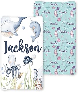Personalized Ocean Theme Changing Pad Cover - 2 Piece Baby Waterproof Pee Pad Covers Nursery Bedding with Name, Diaper Changing Pad Gifts for (3-36Months) Toddler Infant Boys Girls(16