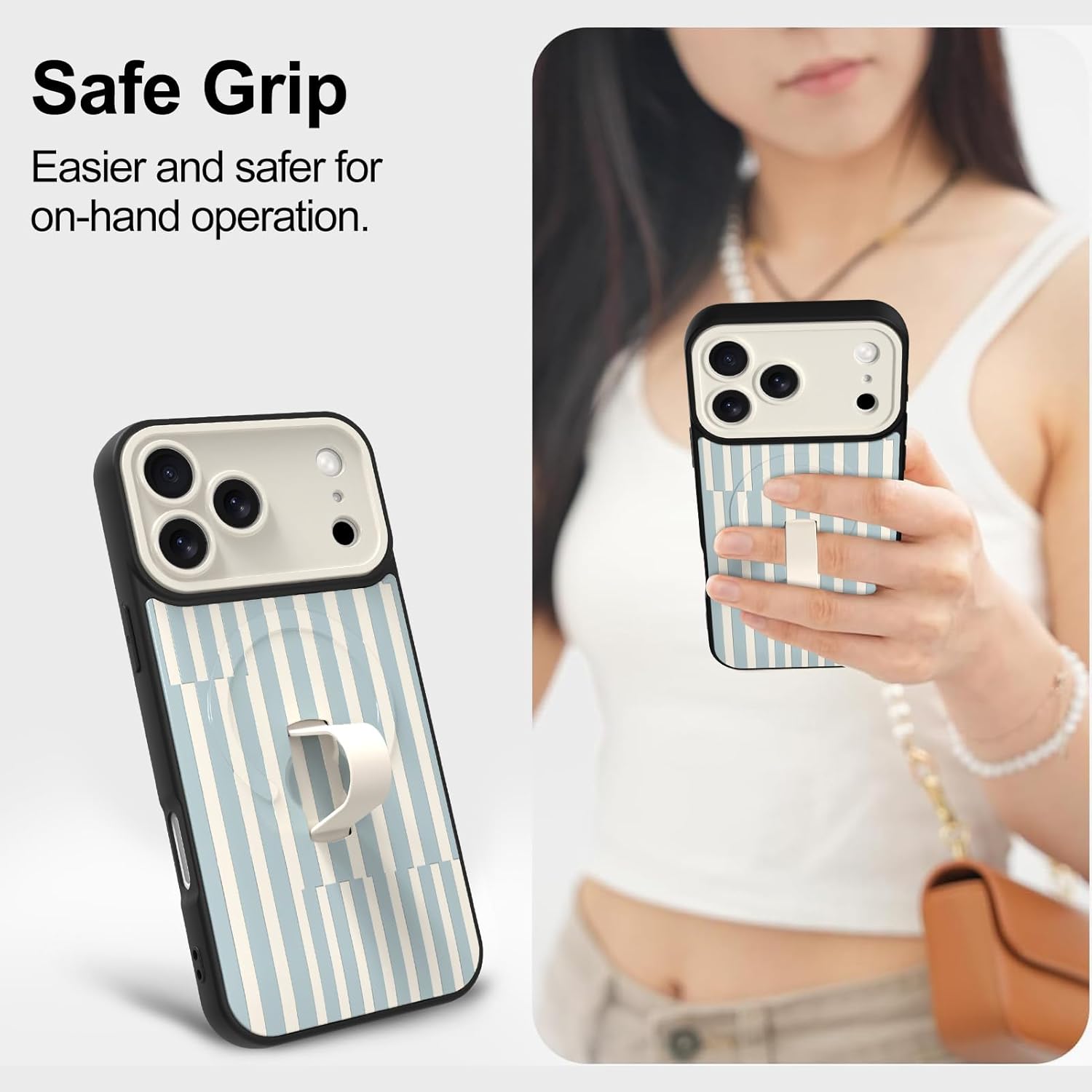 Magnetic for iPhone 17 Pro Max Case with Finger Strap Stand, Compatible with Magsafe, Trendy Striped Phone Case for Women Men Slim Shockproof Cover for 17 Pro Max, White Blue Stripes
