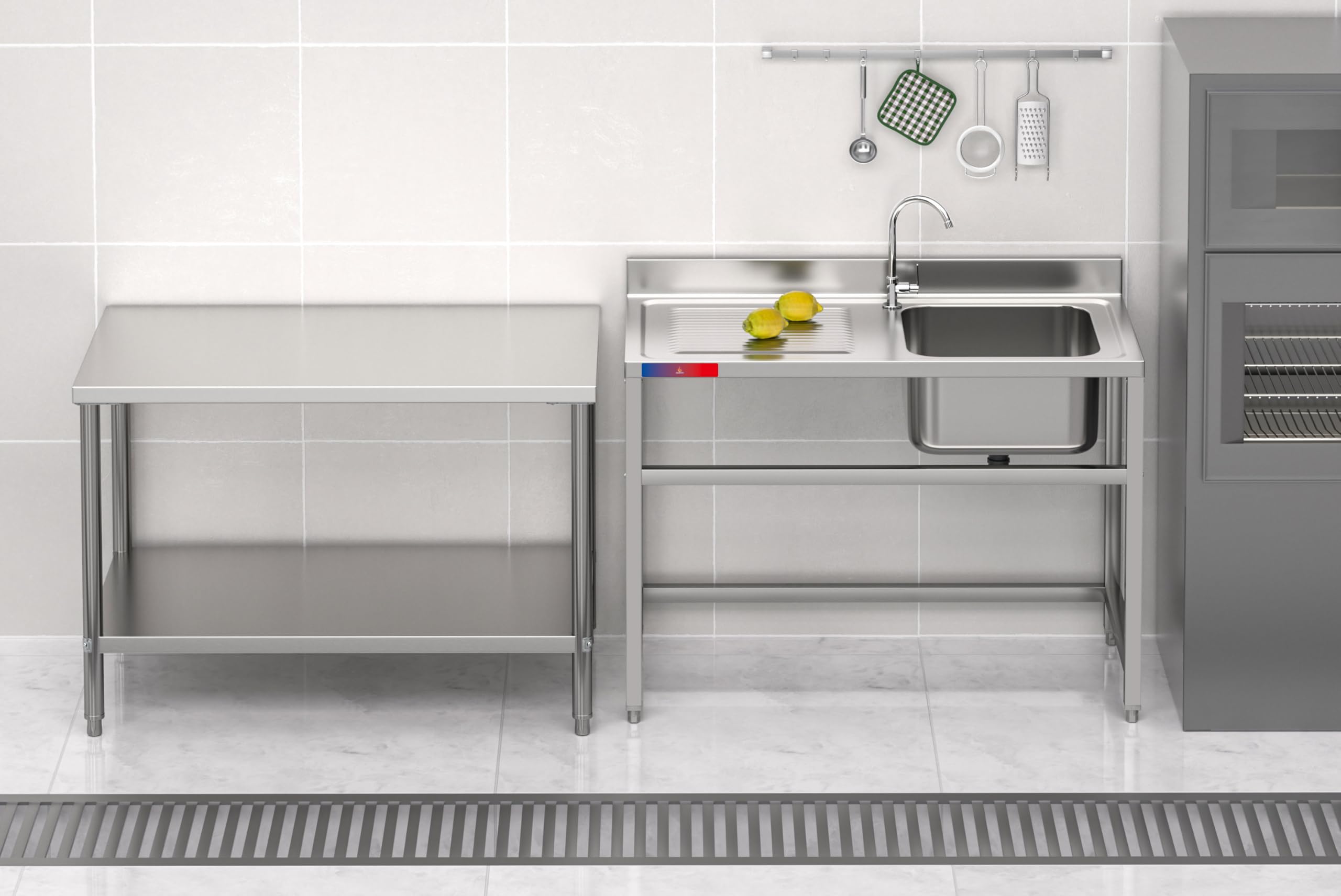 Fregadero Industrial Acero Inoxidable, 1 Seno con Escurridor, 120x60x85cm, Barra de Refuerzo, Peto Sanitario, Patas Regulables, Ideal Hostelería y Profesionales (Sin Grifo, Seno Derecha)