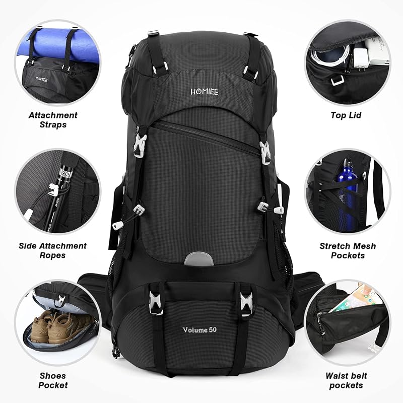Rucsac de drumeție impermeabil HOMIEE 50L cu husă de ploaie, rucsac ușor pentru activități outdoor, camping, călătorii și ciclism, pentru bărbați și femei