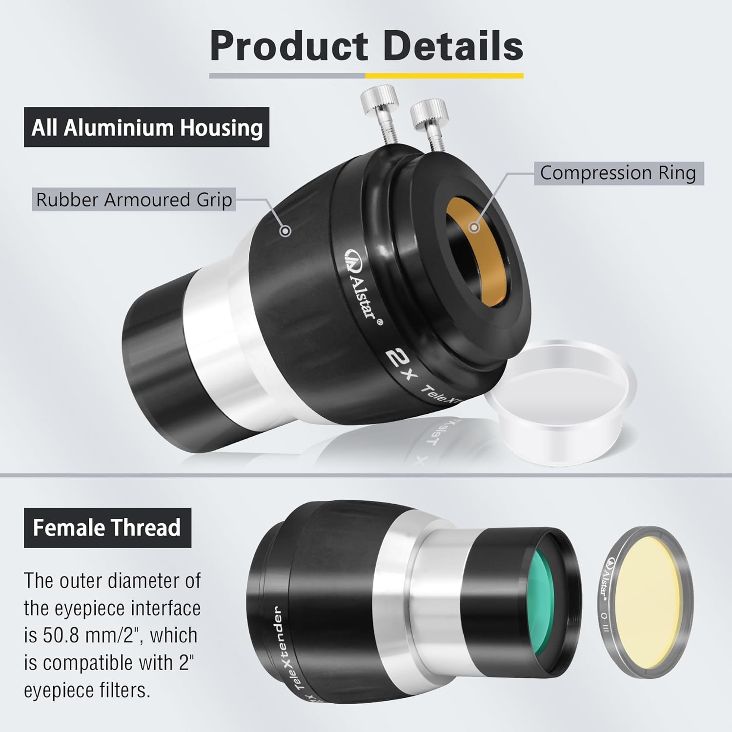 Alstar 2 Inch 2X 4-Element Barlow Lens - Bundle with - 2" Telescope Moon Filter Kit