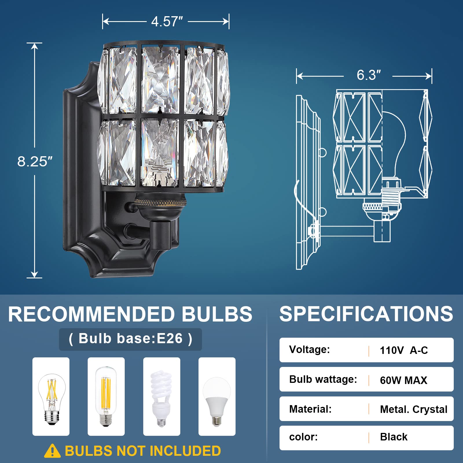 2 Pack 1 Light Crystal Wall Sconce Lighting with Black Finish,Modern and Concise Style Wall Light Fixture Polyhedral Crystal Shade for Bathroom, Bedroom Living Room Kitchen Island