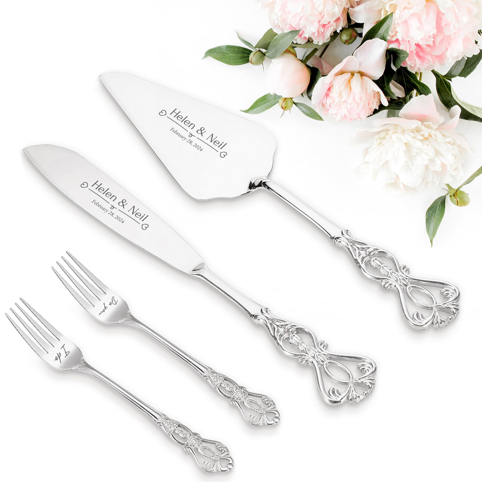 Personalized Wedding Cake Knife and Server Set Engraved Gold Cake Cutter Server Forks Custom Cake Cutting Set for Wedding Anniversary Engagement Birthday Gifts