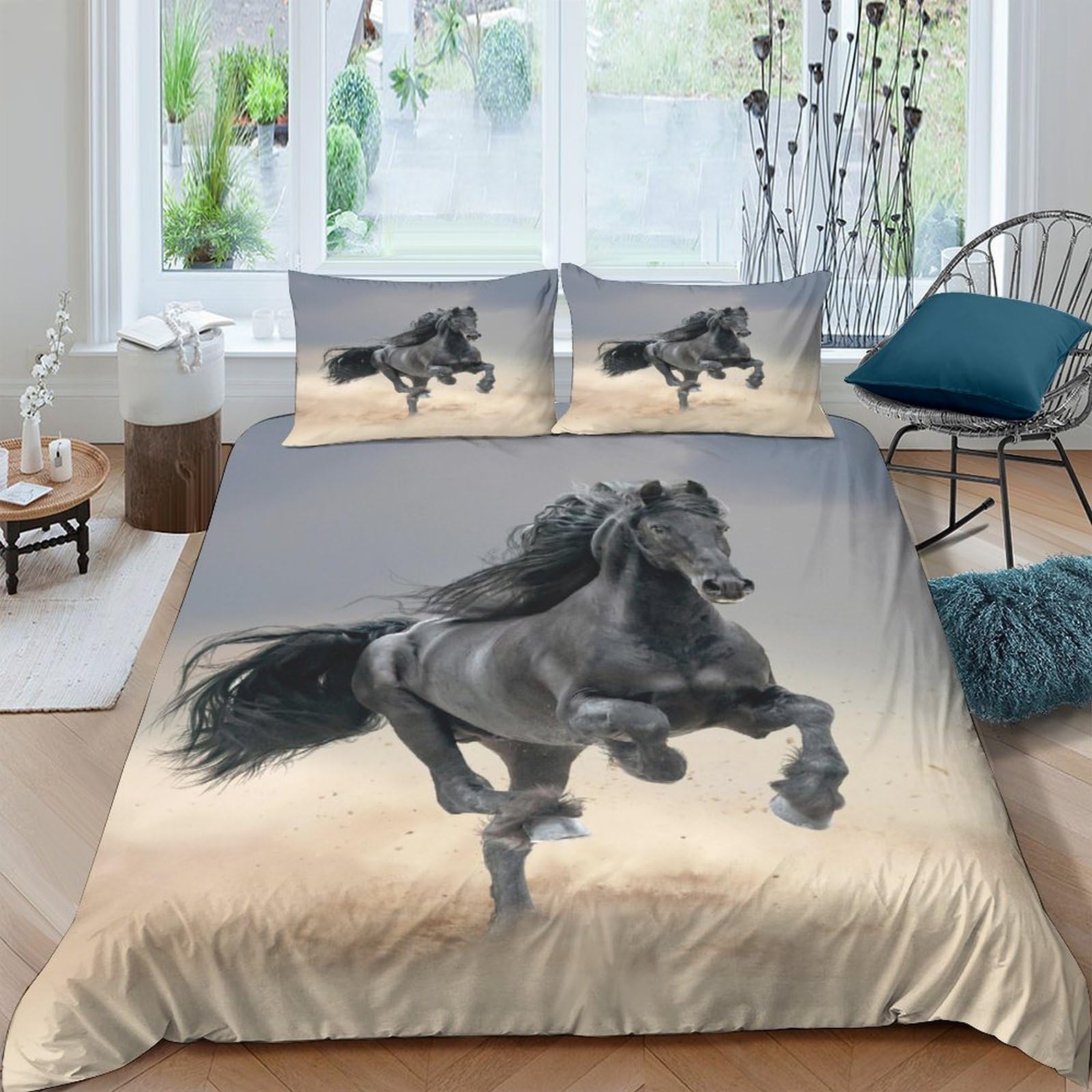 Ctjqhvkz Style-1 3D Printed Black Horse Fitted Sheet Microfiber Soft Breathable Running Stallion Mattress Cover For Bedroom Dorm Mattress Protection Decor Single（135X200cm）