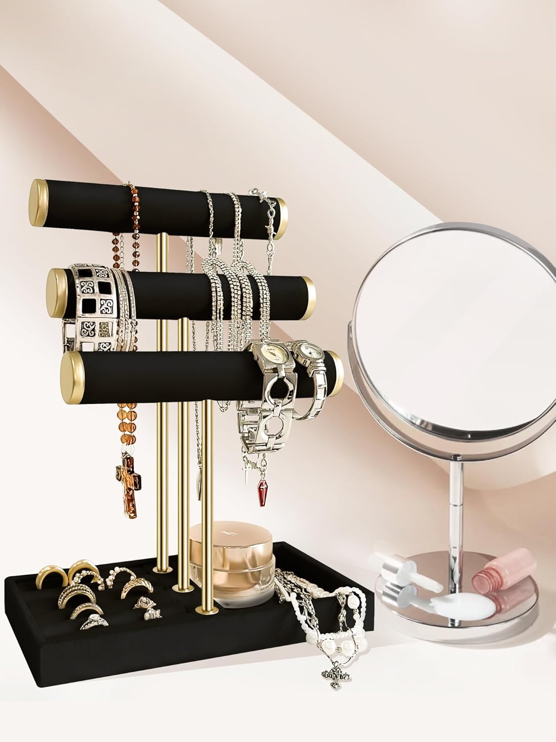 Velvet Jewelry Display Stand - 3 Tier Detachabler Bracelet Holde Organizer with T-Bar for Bracelets, Necklaces, Watches, Rings, Earrings & Scrunchies (Black) - Image 7