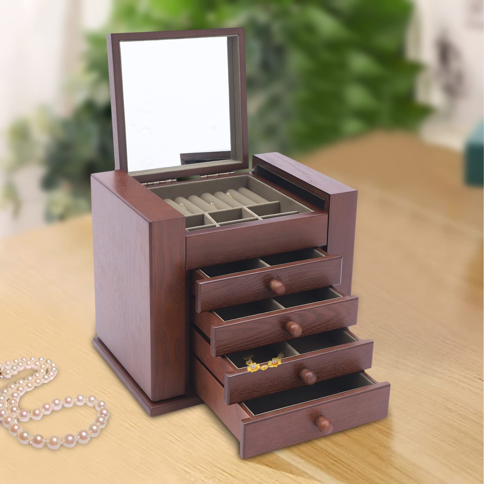 Schmuckschatullen 5-lagige Rustikale Holz Schmuck Organizer Box für Uhren Halsketten Ringe für Damen Freundin