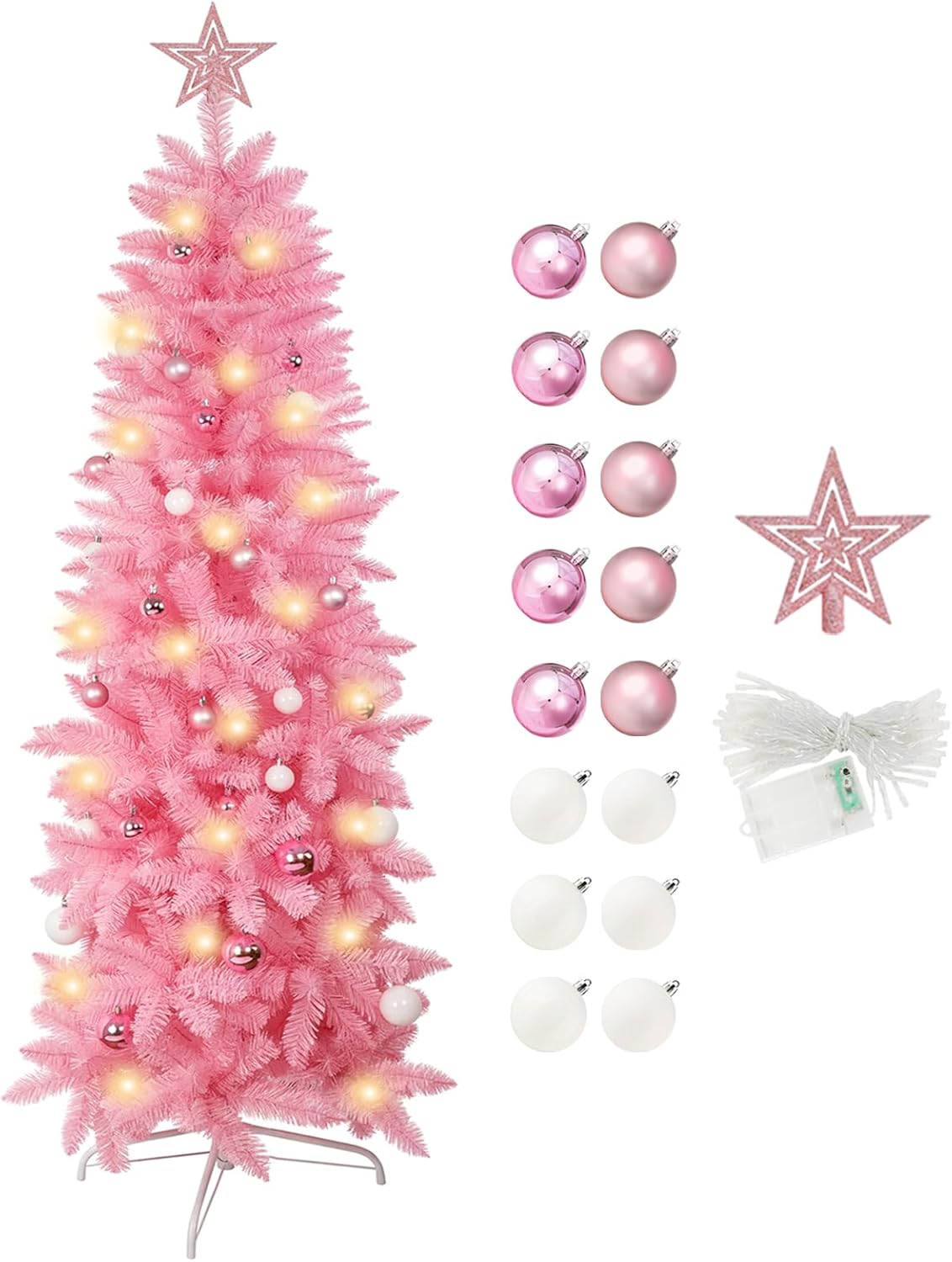 XmasExp Christmas Tree, Artifical Pencil Christmas Tree with Warm LED Lights 8 Lighting Modes and Christmas Ball Onaments (Pink, 5ft) Pink 5ft