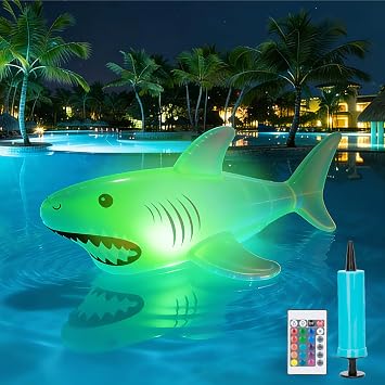 40inch Solar Pool Floats Lights,IP68 Waterproof Solar Powered Shark Floating Pool Lights,16Colors RGB Inflatable Light Up Pool Float for Above Ground Pools, Outdoor Swimming Pool Decorations1Pack