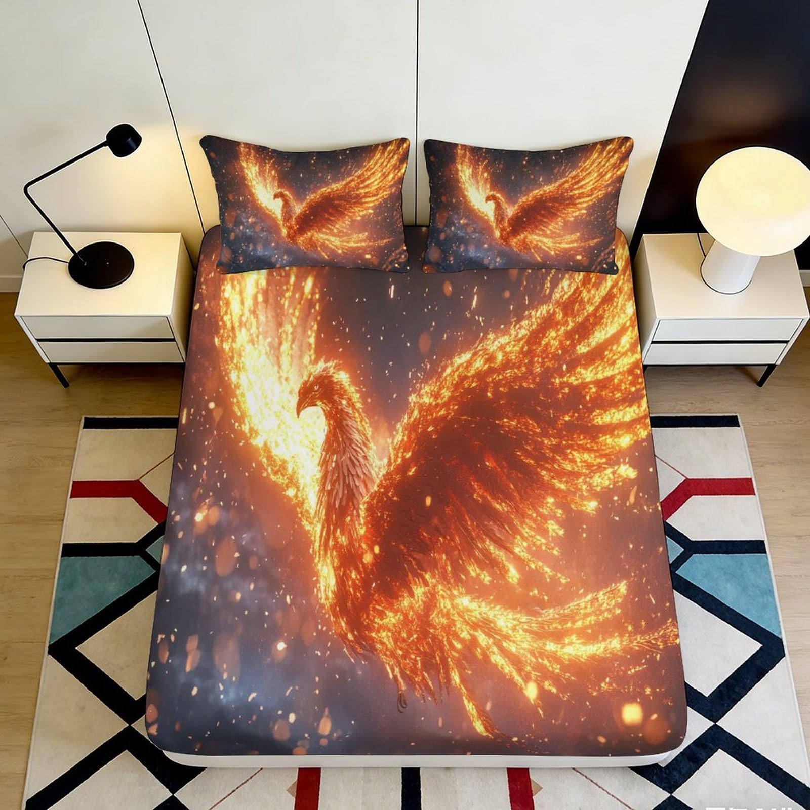 3D Printed Fire Phoenix Fitted Sheet Microfiber Soft Mattress Cover for Bedroom Dorm Mattress Protection Decor 90x200x25cm