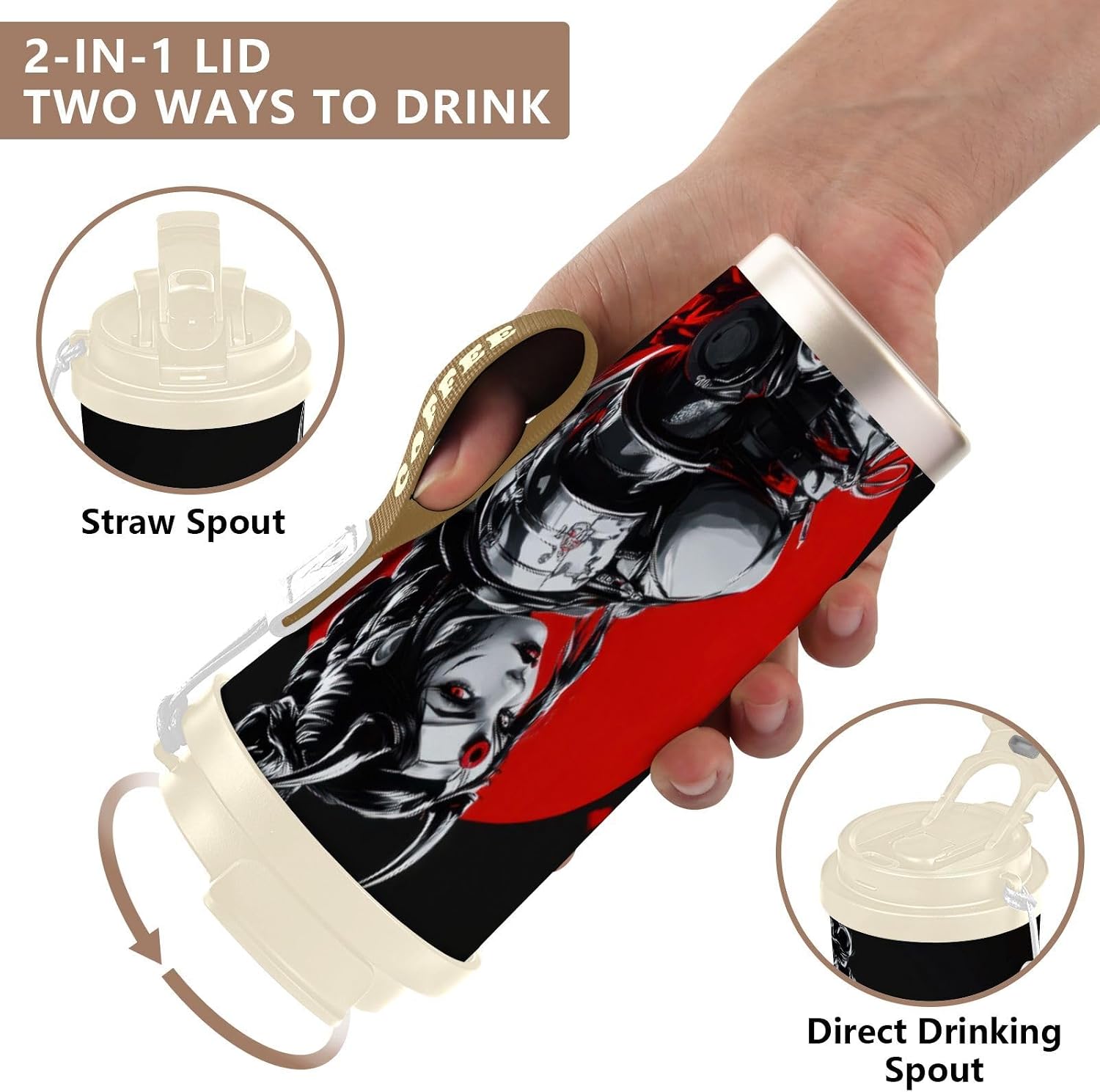 Samurai Woman Black Insulated Coffee Mug with Straw & Flip Lid, 16.9oz Iced Tumbler Cup, Double Wall Vacuum Mug for Travel Office
