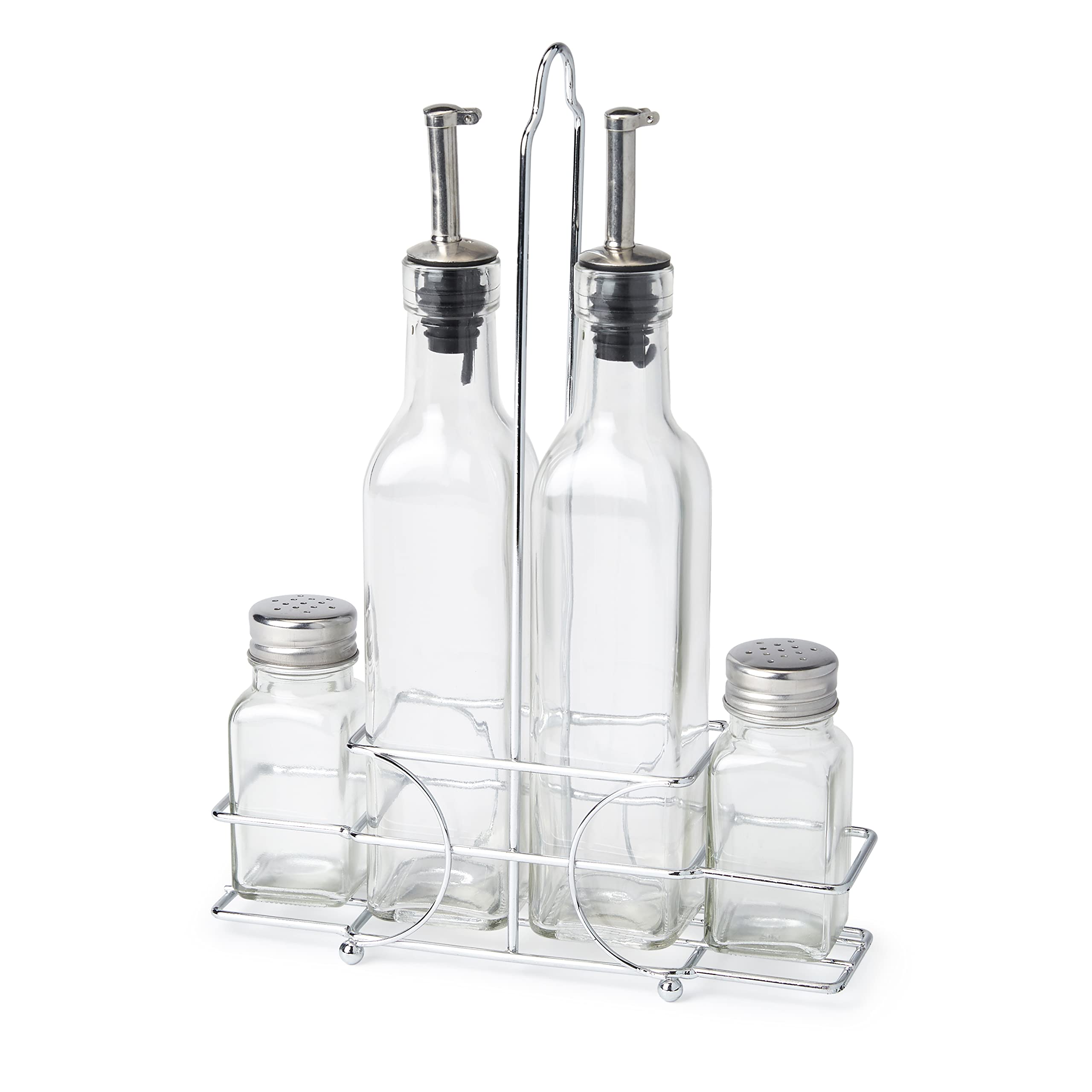 Cuisine Art Olive Oil Bottle and Vinegar Dispenser Combination Kit 5 Pieces, Glass Visible Seasoning Bottle, Salt Shaker Pepper Shaker, Q-SPOV-4S, Clear